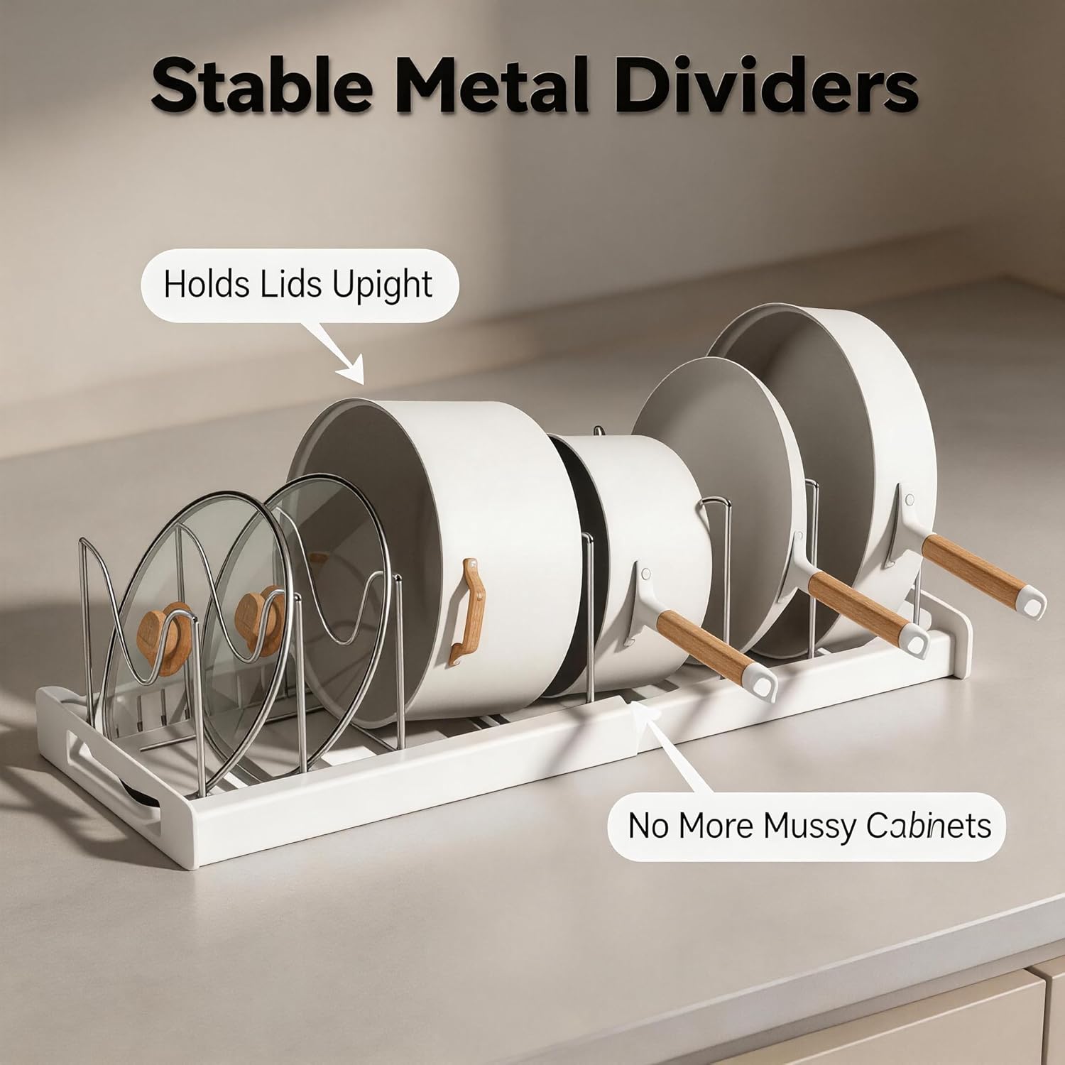 2 Pack pots and pans organizer under cabinet,kitchen organizers and storage,22" Pot and Pan Organizer Under Cabinet with 9 Adjustable Dividers Pot and Pan Lid Holders Rack Inside Cabinet