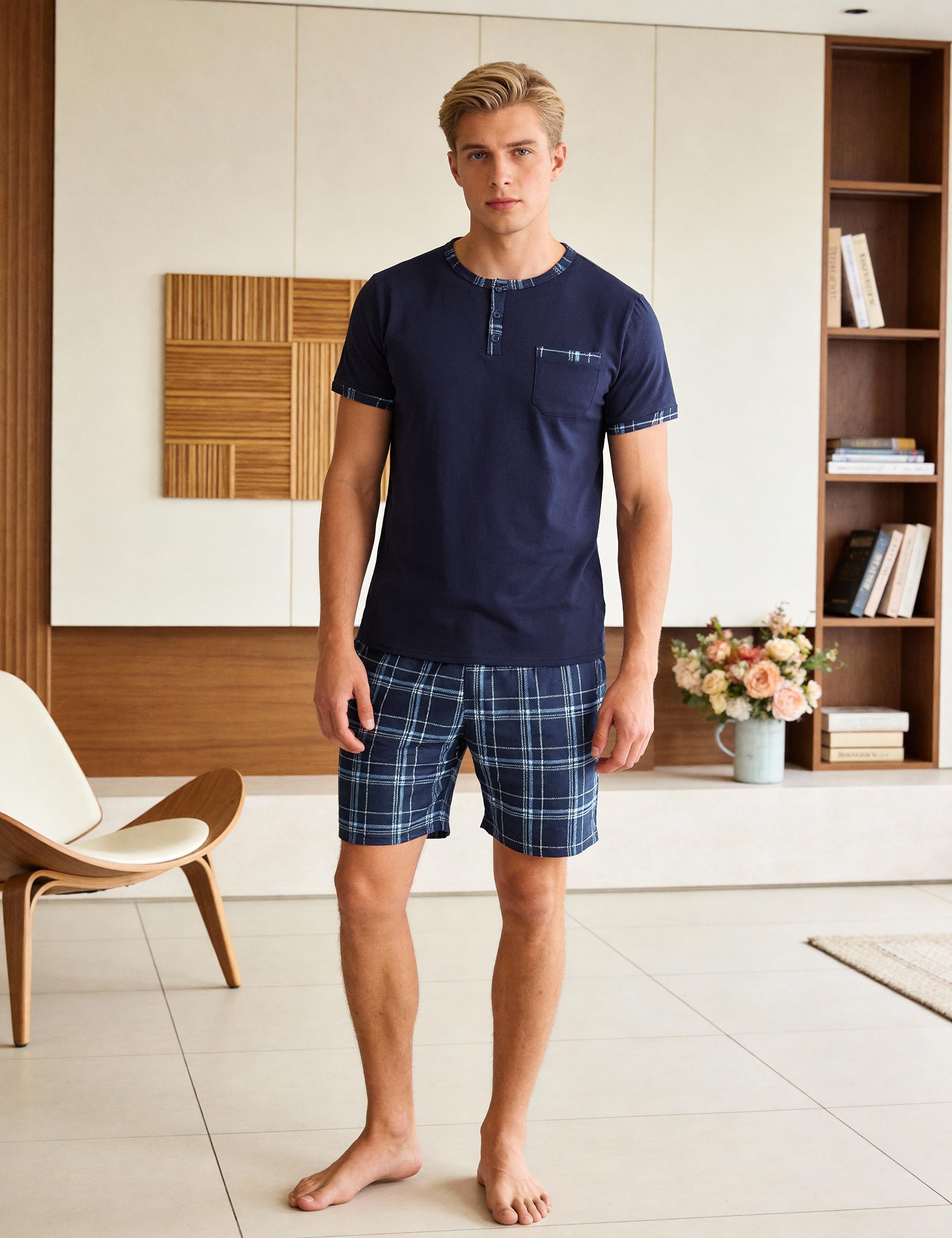 Litherday Pijama Hombre Verano Algodón Conjunto Corto 2 Piezas Camiseta Manga Corta Pantalón de Cuadros Ropa de Dormir Suave y Transpirable para Casa S-3XL
