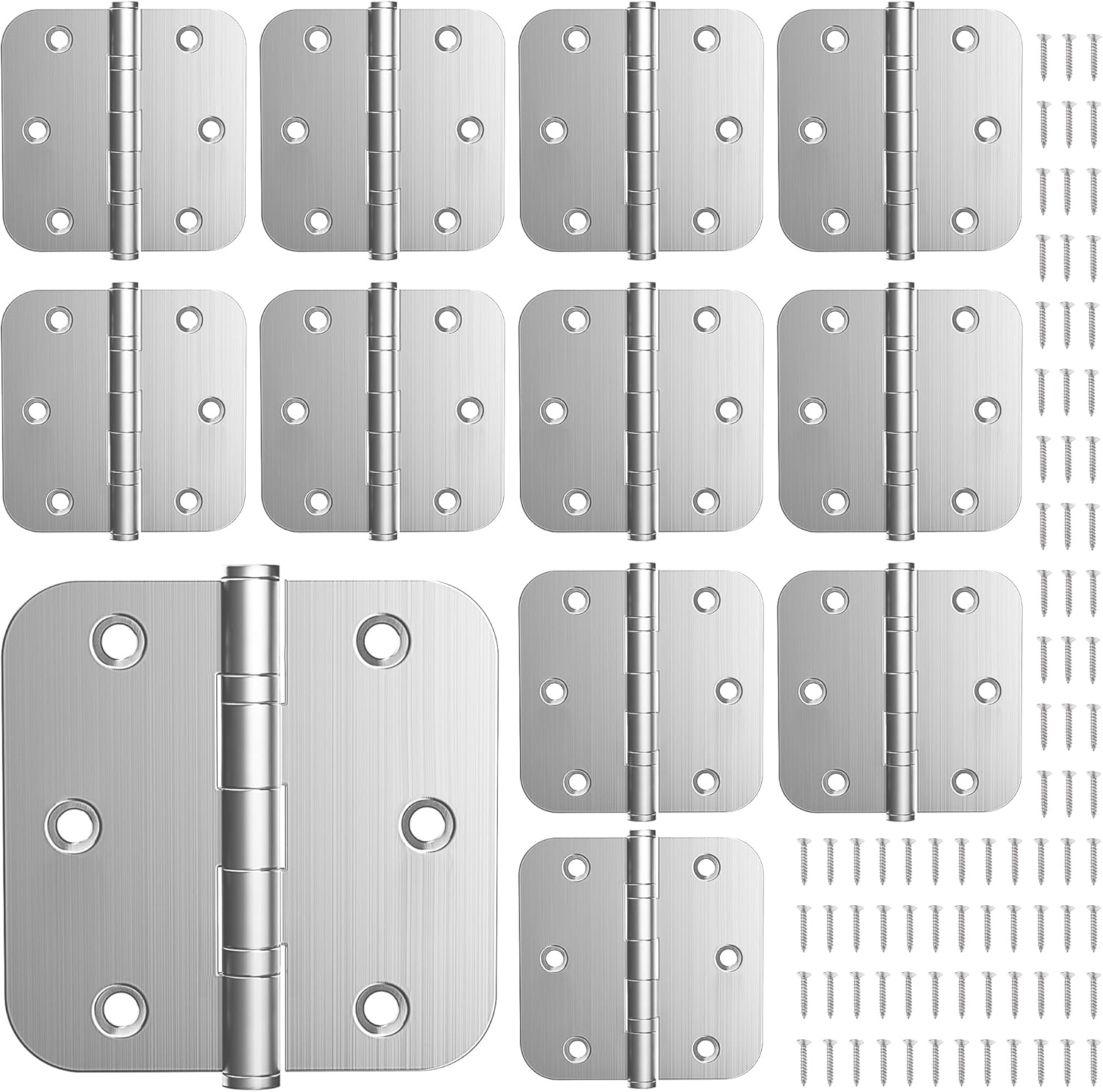 KOLET Ball Bearing Door Hinges, 3.5 Inches Door Hinges, 5/8'' Radius Corner Heavy Duty Stainless Steel Hinges, Smooth and Quiet, Non Removable Pin, Brushed Nickel, 3 Pack