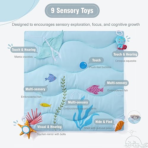 Miniatura 3 de UTEX Tapete de actividad para bebé, tapete de gimnasio con 9 juguetes sensoriales, tapete para el tiempo boca abajo para habilidades motoras y