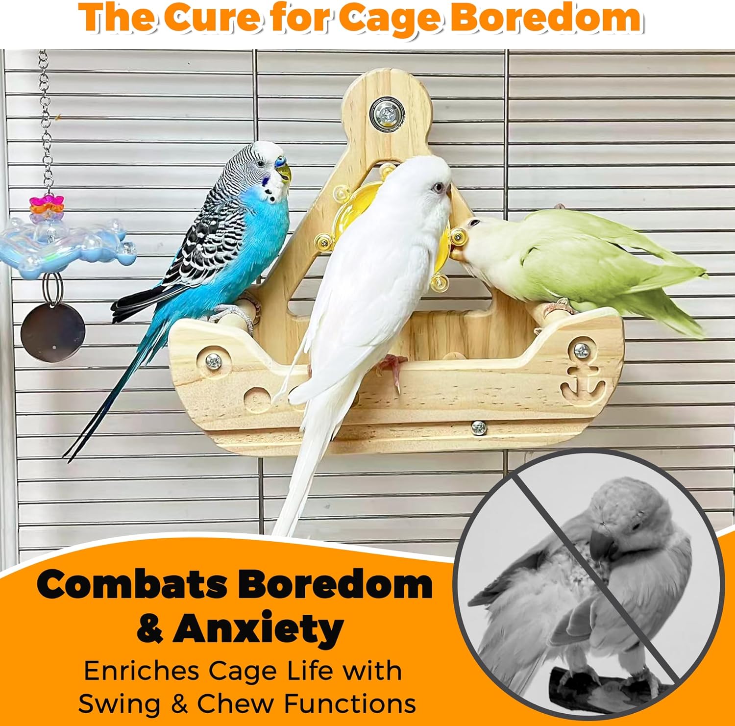 2 in1 Bird Perch Toy, Natural Seagrass Bird Cage Accessories, Interactive Spinner Rattle Chewable Toys, Hammock Tent Nest Ladder for Small Medium Birds (Cockatiel, Conure, Budgie)