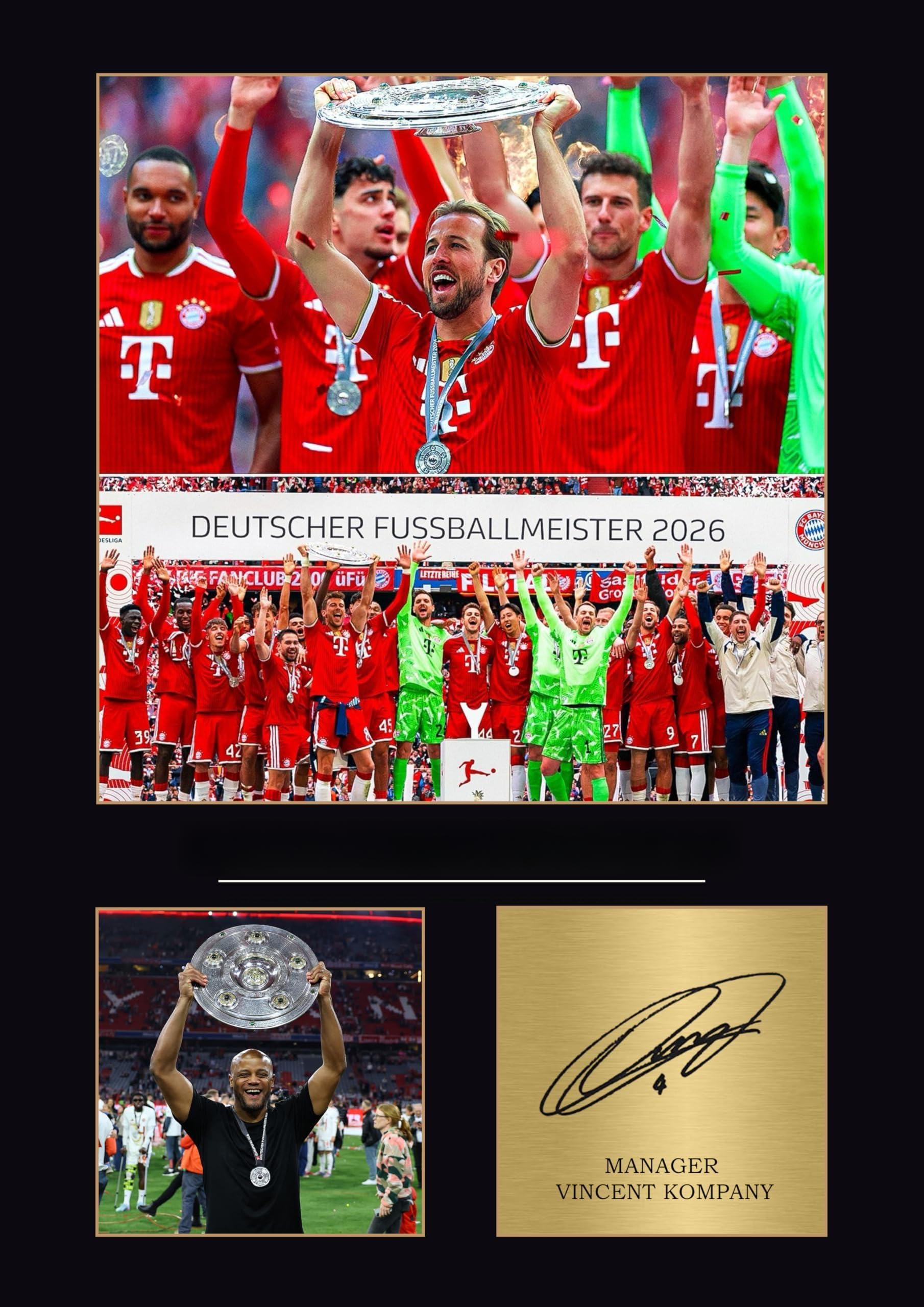 Legends Gallery Bayern Munich Champions 2026 A4 Display Poster Bayern Munich Gifts Bayern München Geschenk (Framed)