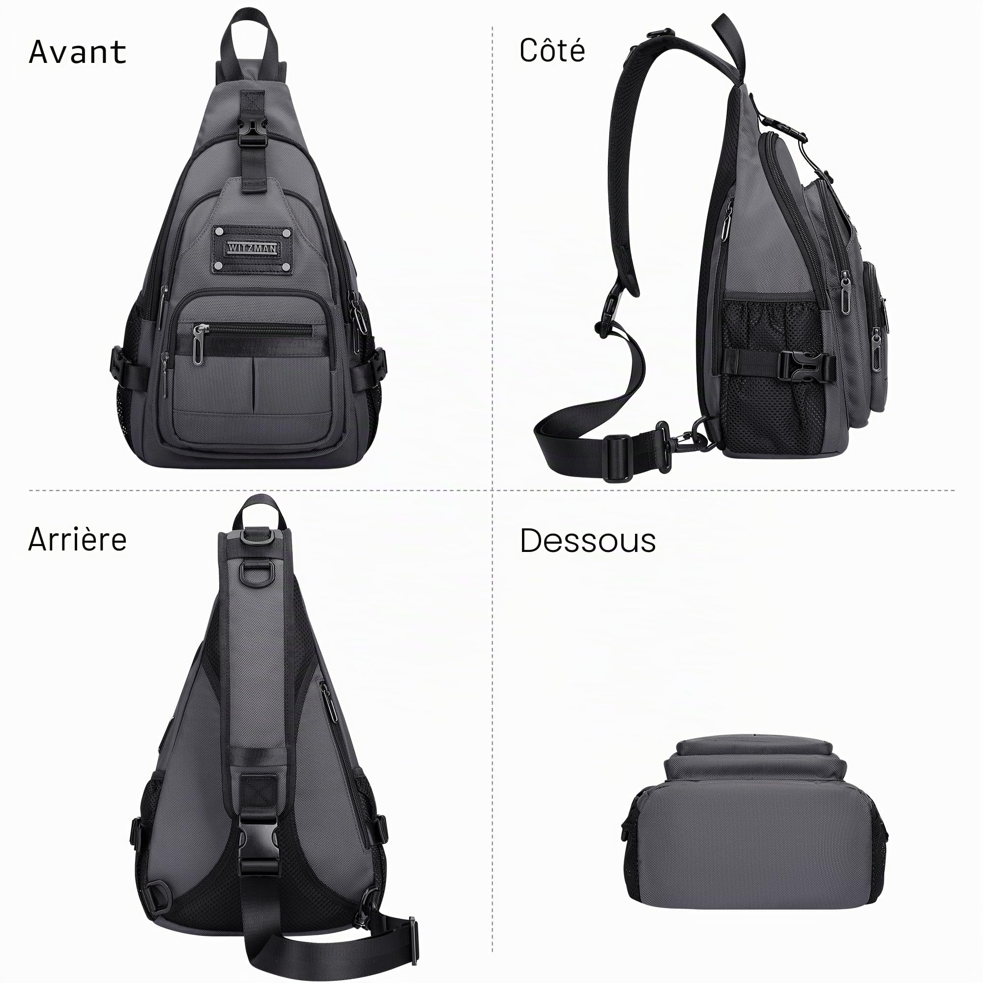 WITZMAN Sac Bandoulière Homme, Sac Poitrine Décontracté Port Charge USB | Sacoche 19L Étanche Multi-Poches Compatible iPad 9,7 Pouces, Pour Randonnée, Quotidien, Extérieur Et Travail, Gris