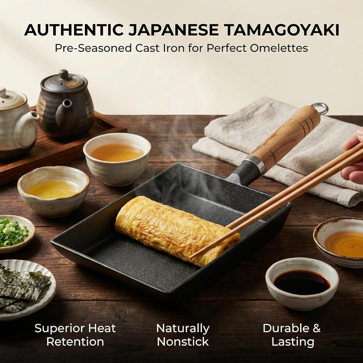 Japanese-Style Tamagoyaki Pan, Pre-Seasoned Iron Omelette Pan for Even Heating, Natural Nonstick