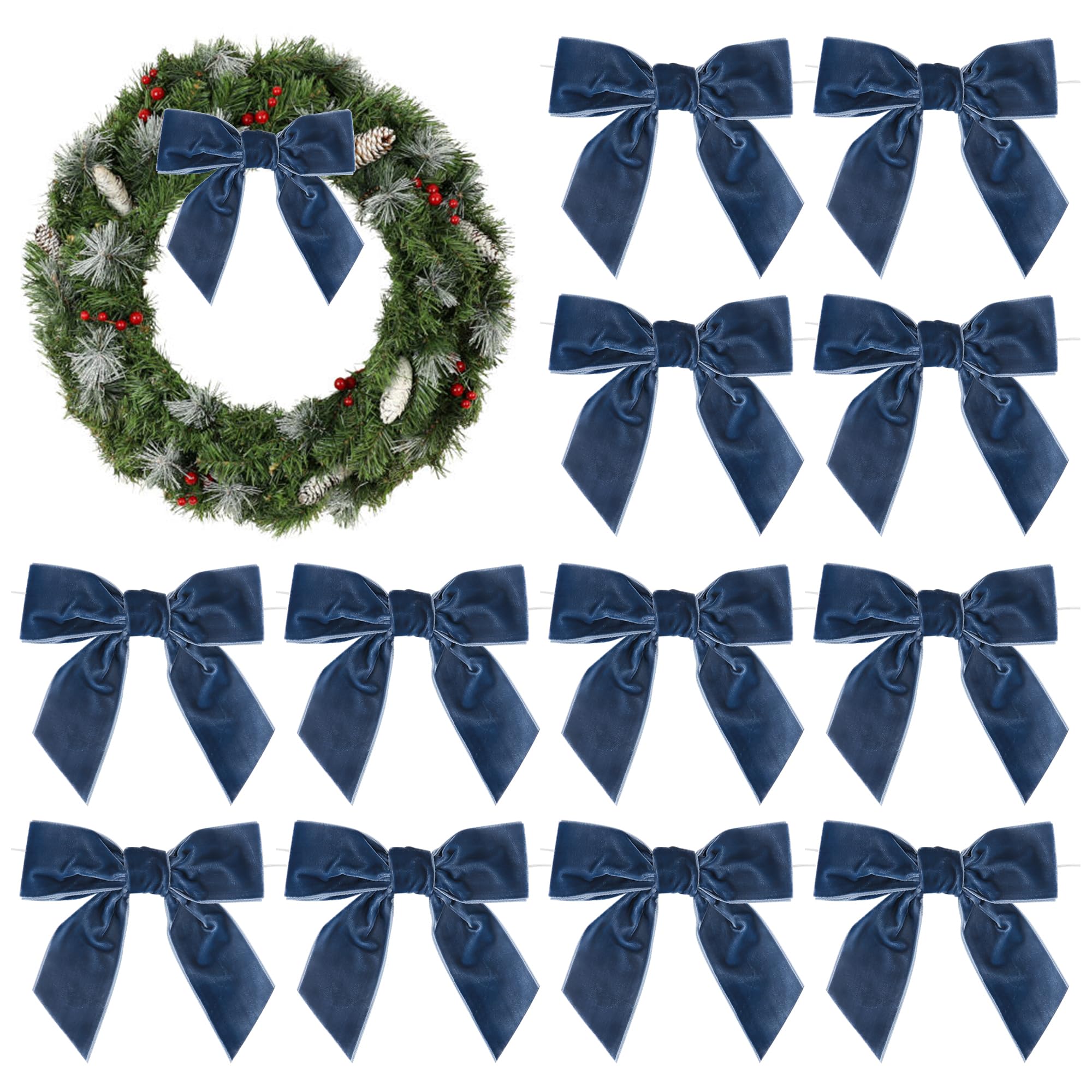 AIMUDI Dusty Blue Velvet Bows 4.5" Christmas Bows for Tree Premade Bows for Wreaths Twist Tie Bows for Gift Wrapping, Festive Winter Decor, Tree