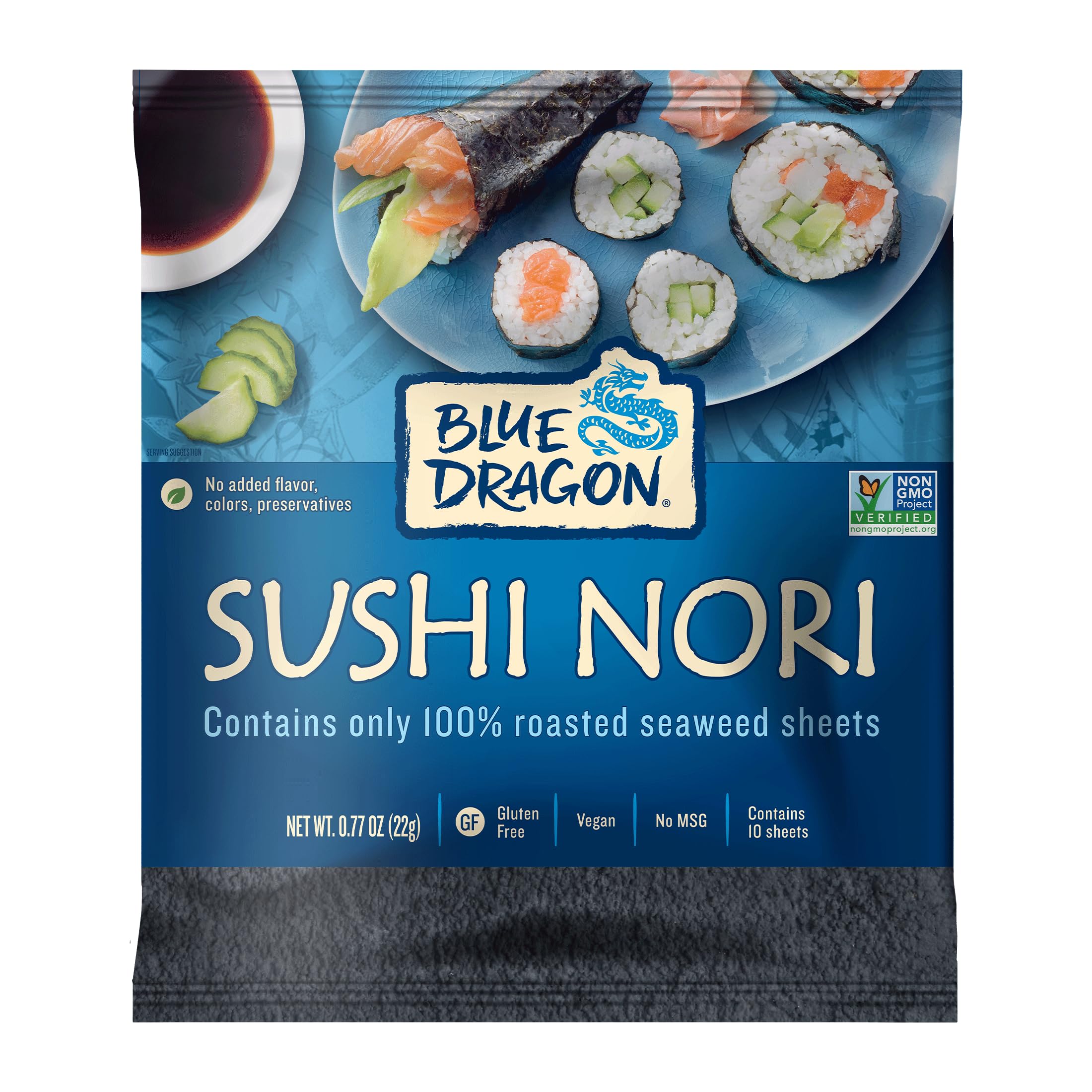 Blue Dragon Sushi Nori - 0.77oz (Pack of 1) - No Artificial Flavors Or Preservatives - Made With 100% Roasted Seaweed Sheets - Vegan, Gluten Free Seaweed Wraps - Ideal For Sushi Rolls & Hand Rolls