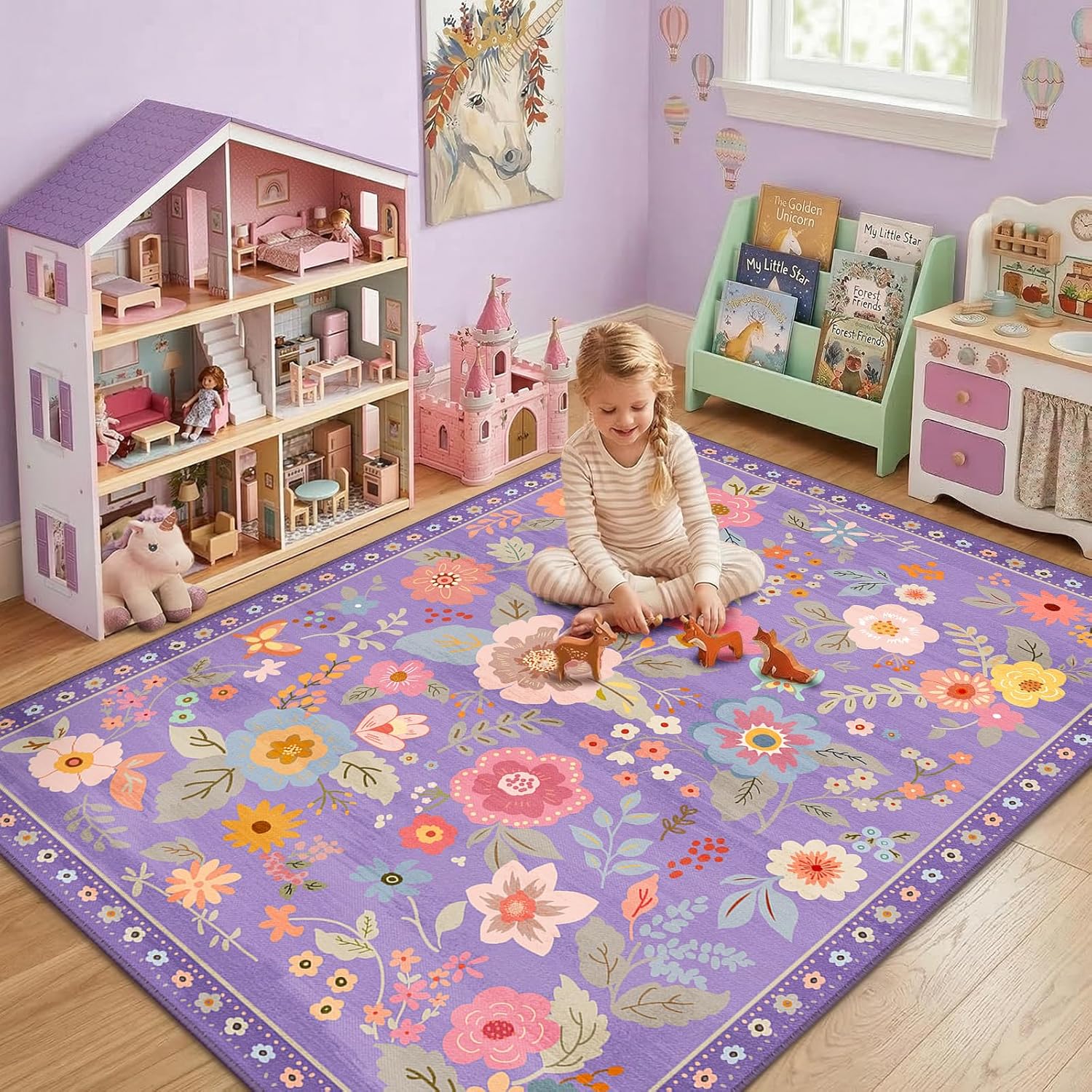 Floral Nursery 6x9 Area Rugs Washable Print Boho Cute Carpet Non Slip Flower Low Pile for Living Room Kids Girls Playroom Bedroom Kitchen Office Farmhouse-Purple/Pink/Multi