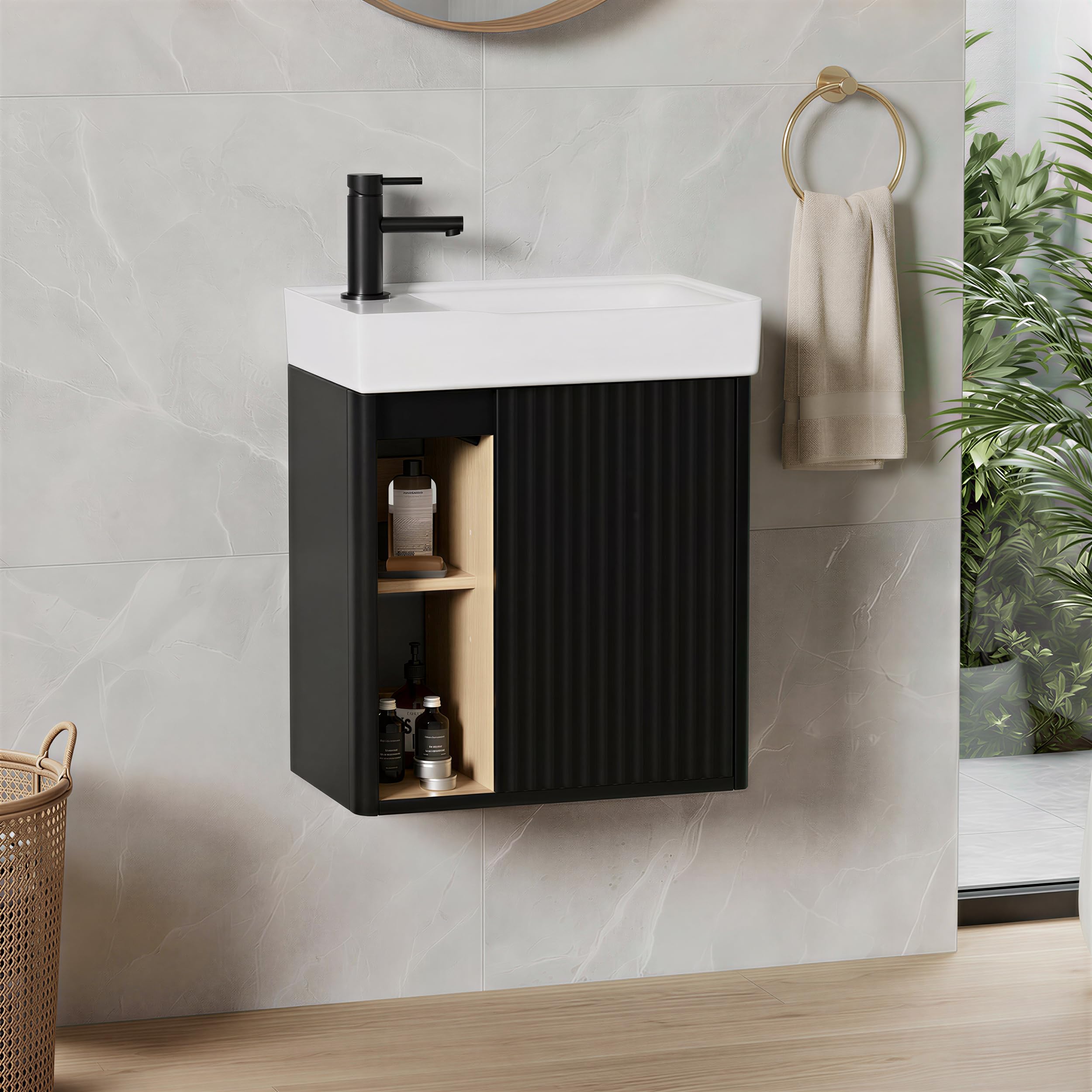 MSFE Meuble Lave Main WC 50 cm Largeur,Meuble Lave-Mains Mural avec Lavabo en Résine,Espace de Rangement Caché/Ouvert pour Petites Salles de Bain et WC,Motif de Ligne,50 * 60 * 30cm,sans Robinet