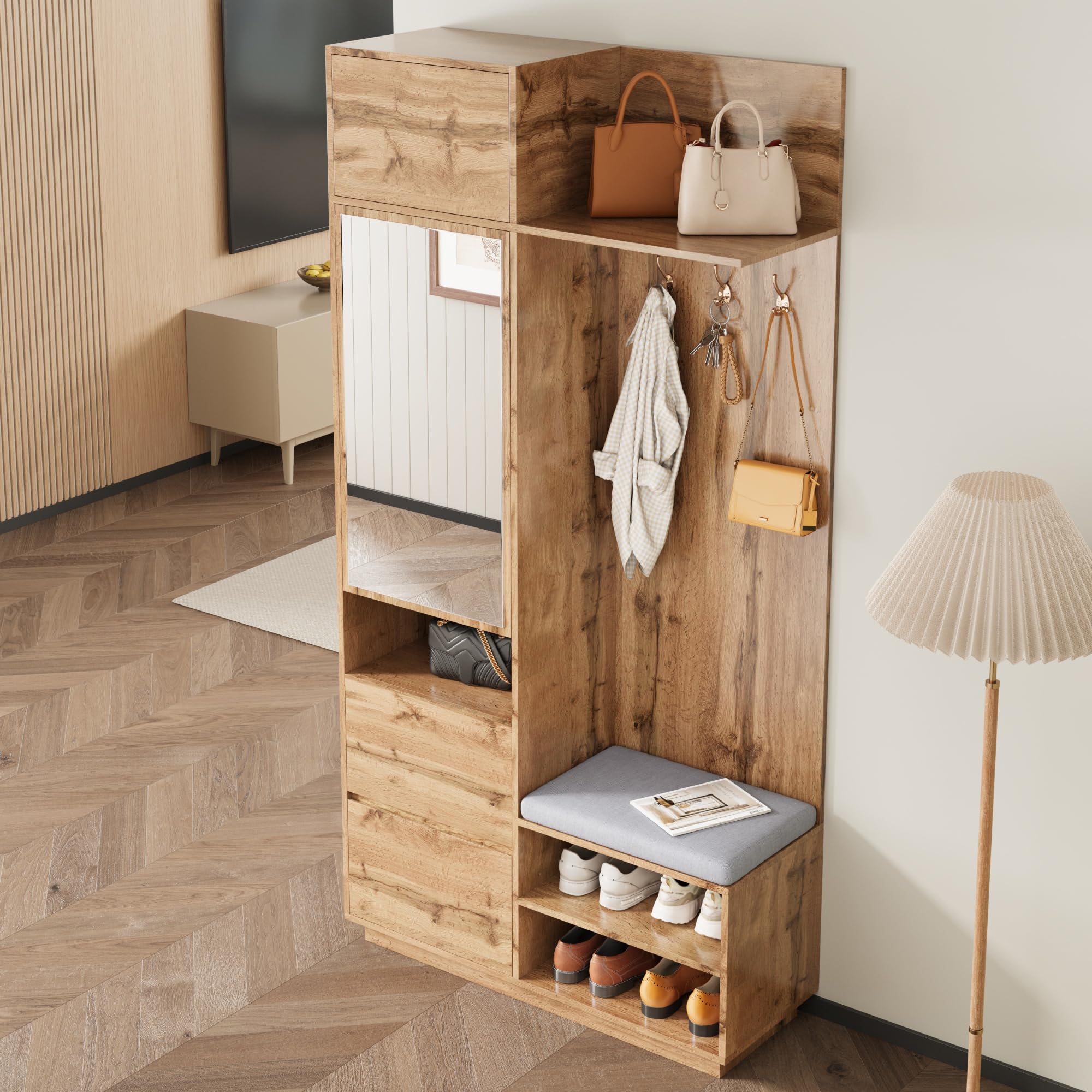 Perchero de Pasillo, Juego de Percheros Compacto con Espejo y Banco, Zapatero con Ganchos, Colgadores de Ropa, Muebles de Entrada (Natural)