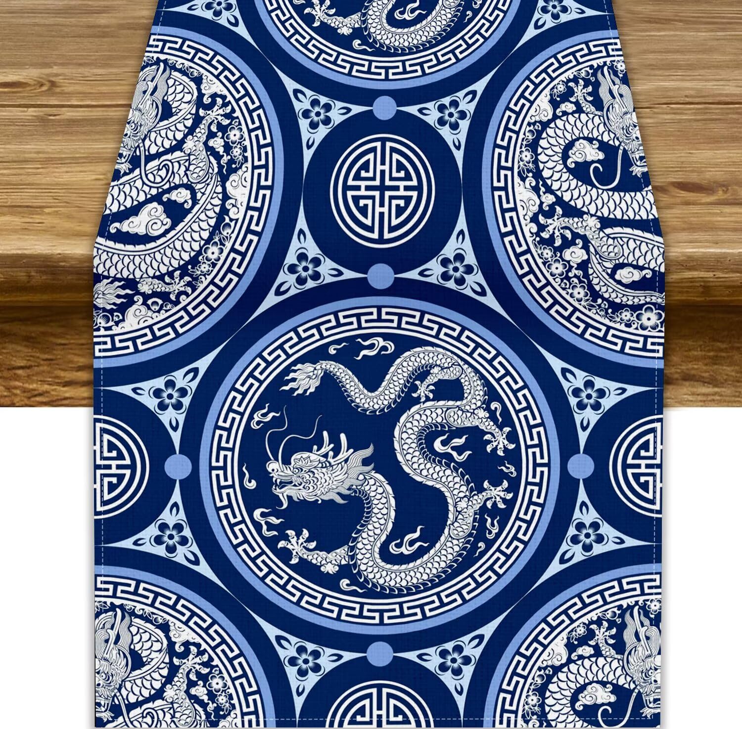 Japanese Dragons Table Runner, Traditional Zodiac Dragon Blue Chinese Style Print Table Runner for Home Kitchen Dining Table Holiday Party Wedding Decor 13x60in