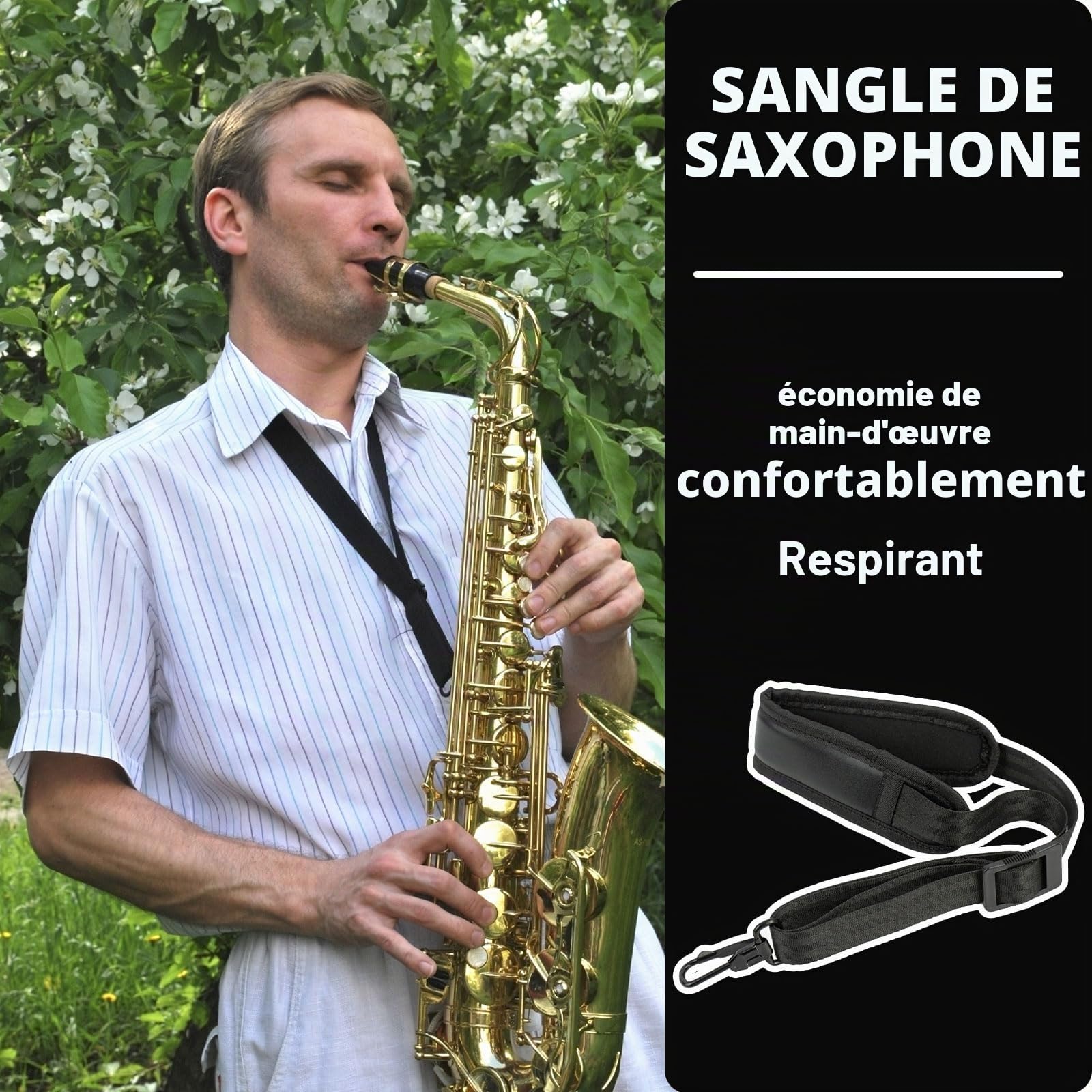 Saxophone, Sangle d'Épaule, Bandoulière pour Saxophone, Accessoire pour Saxophone Alto, Accessoire de Jeu pour Saxophones Soprano, Alto et Ténor, pour Hommes et Femmes, Adultes et Enfants