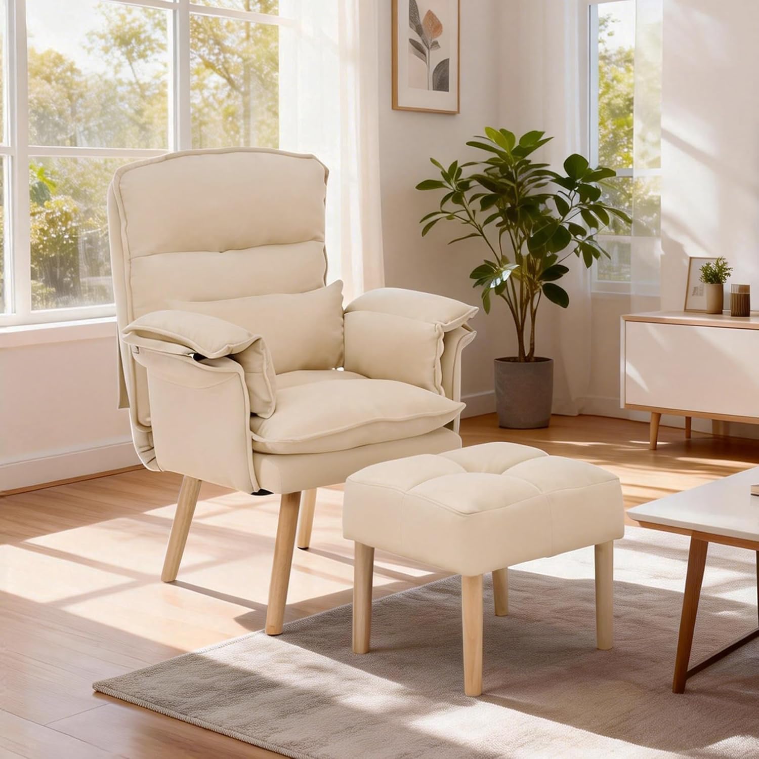 Accent Chair with Ottoman, Comfy Living Room Chair with Adjustable Backrest Upholstered Lounge Chair with Removable Cushion for Living Room Bedroom,Beige