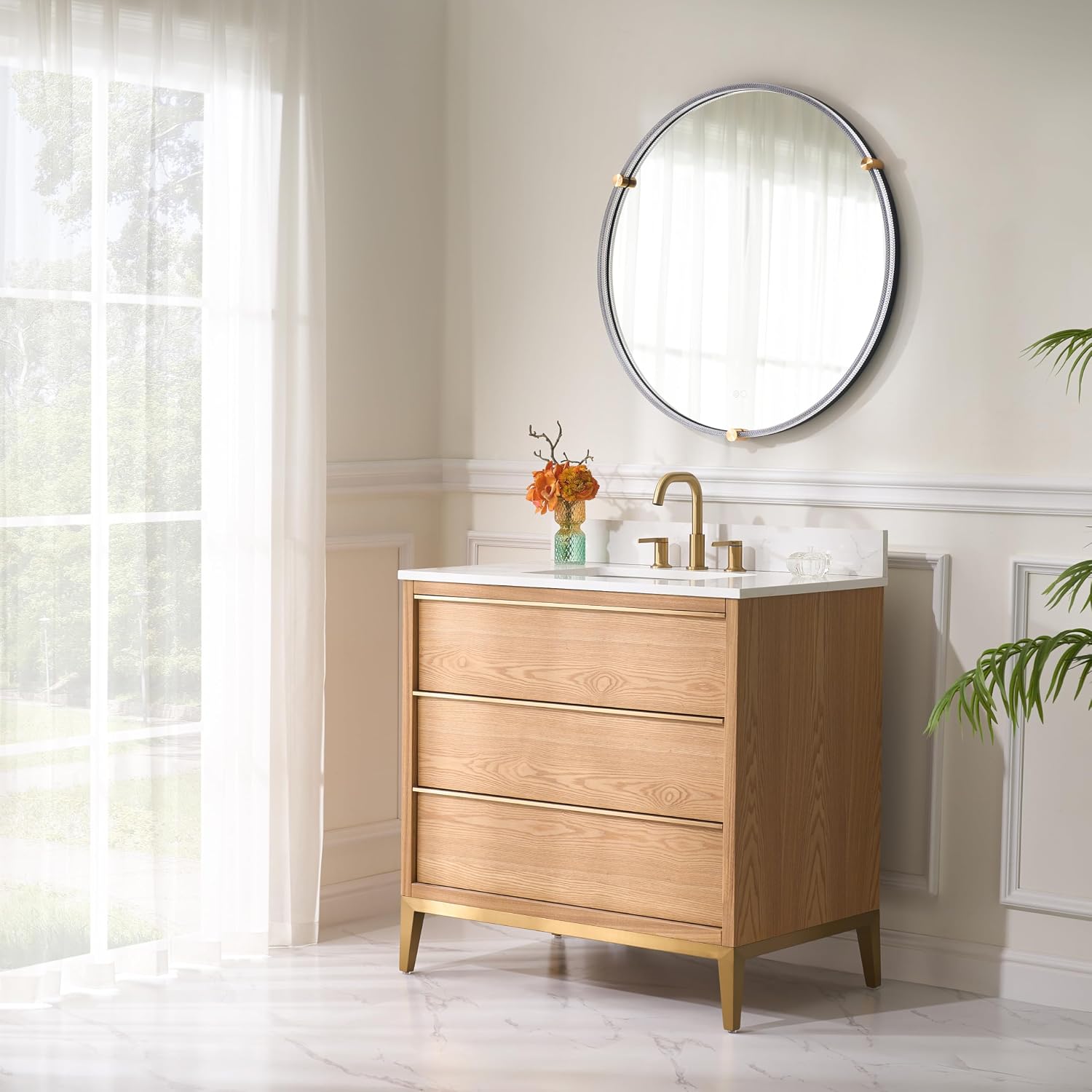 WELLFOR 36" Bathroom Vanity with Sink, Freestanding Wooden Bathroom Vanity with 3 Soft-Close Drawers and Backsplash, Solid Wood Frame Bathroom Vanity, Light Oak