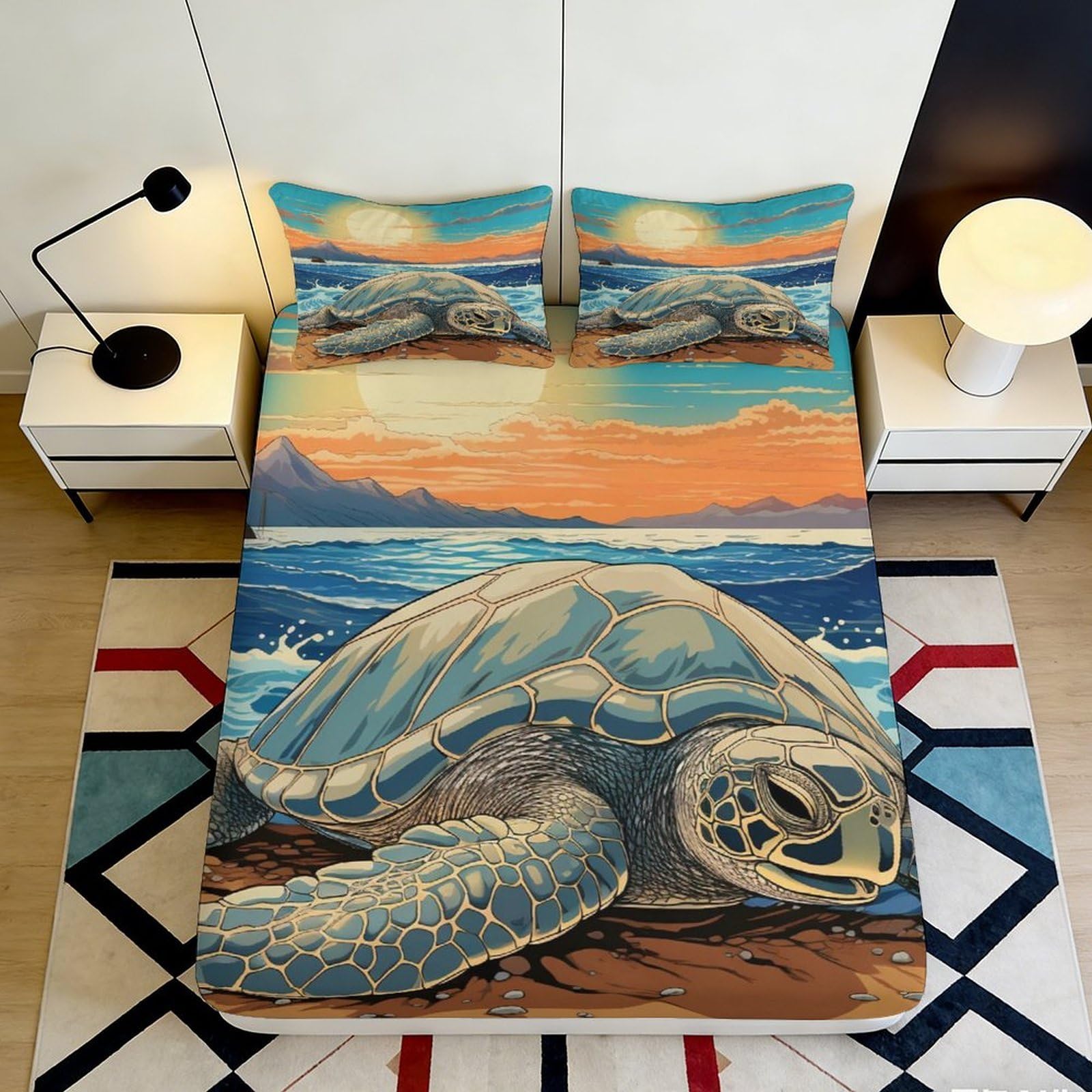 3D Printed Sea Turtle Fitted Sheet Microfiber Soft Blue Ocean Sunset Bed Cover for Bedroom Guest Room Mattress Protection 90x200x25cm