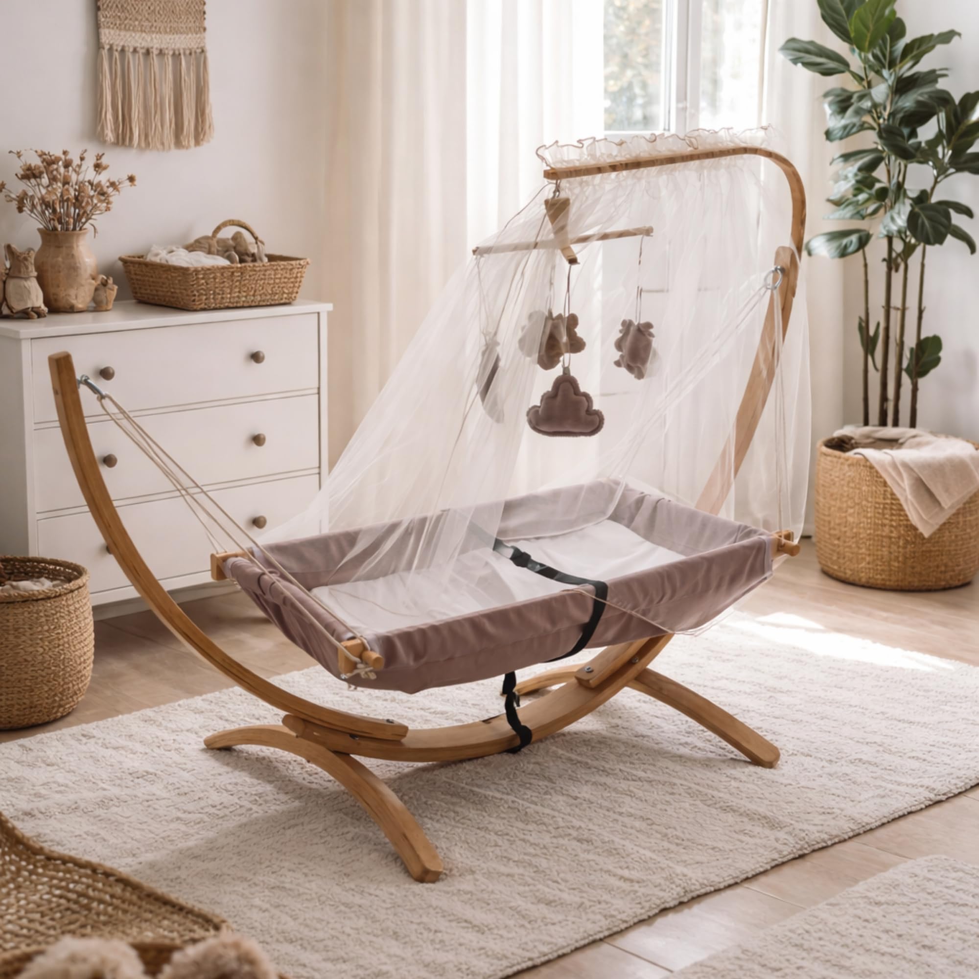 Hängematte mit Holzgestell, ergonomische Hängeliege, sanftes Schaukeln, Bequeme Stoffstruktur, leicht und tragbar, modernes Design, für Innenbereich und Balkon geeignet, einfache Montage (Grau-2)