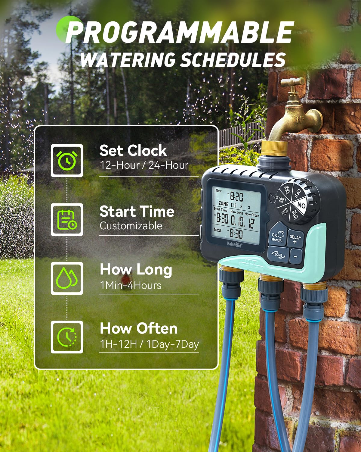 RAINPOINT Timer dell'acqua a 3 zone con ingresso e uscita in ottone, 3 piani di irrigazione personalizzati, con impermeabilità IP65, ritardo pioggia, irrigazione manuale e automatica con ampio LCD per