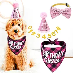 Artigos de festa de aniversário para cães (X-Grande Rosa), bandana de aniversário para cães inclui chapéu, bandana, gravata borboleta, números