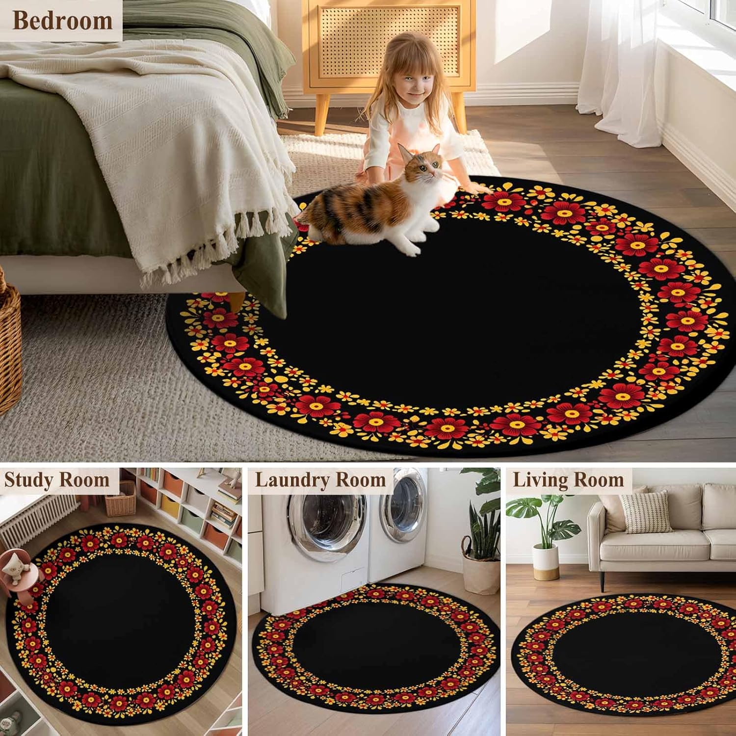 Round Rugs 5ft, Red Yellow Spring Floral Non-Slip Area Rugs for Living Room Bedroom Entryway, Summer Botanical Black Washable Carpet Runner Rug for Indoor/Outdoor