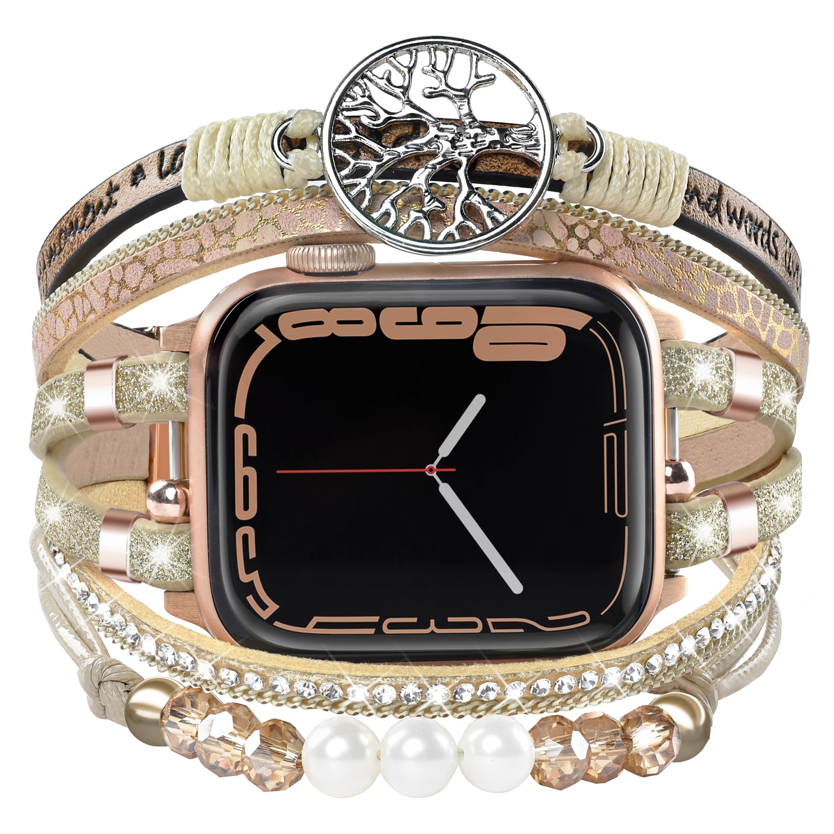 Boho Dressy Bracelet for Apple Watch Band 46mm 40mm 38mm 41mm 44mm 42mm 45mm 49mm Women, Elegant Handmade Beaded Leather Strap Accessories for iWatch