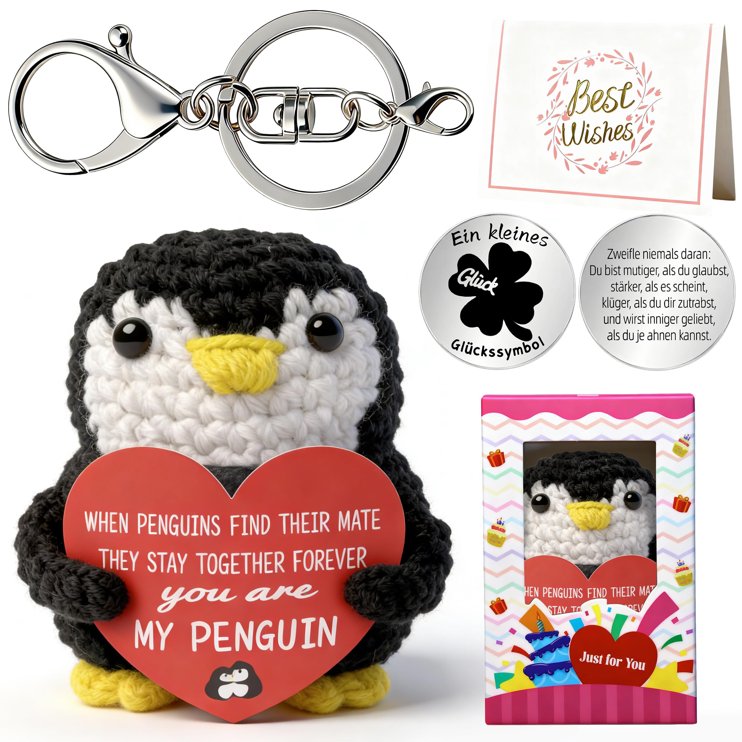 MLZTINGR Handgehäkelter Glückspinguin Pinguinchen Geschenkset - Inkl. Glücksmünze & Geschenkbox - Süßer Pocket Hug für mehr Positivität