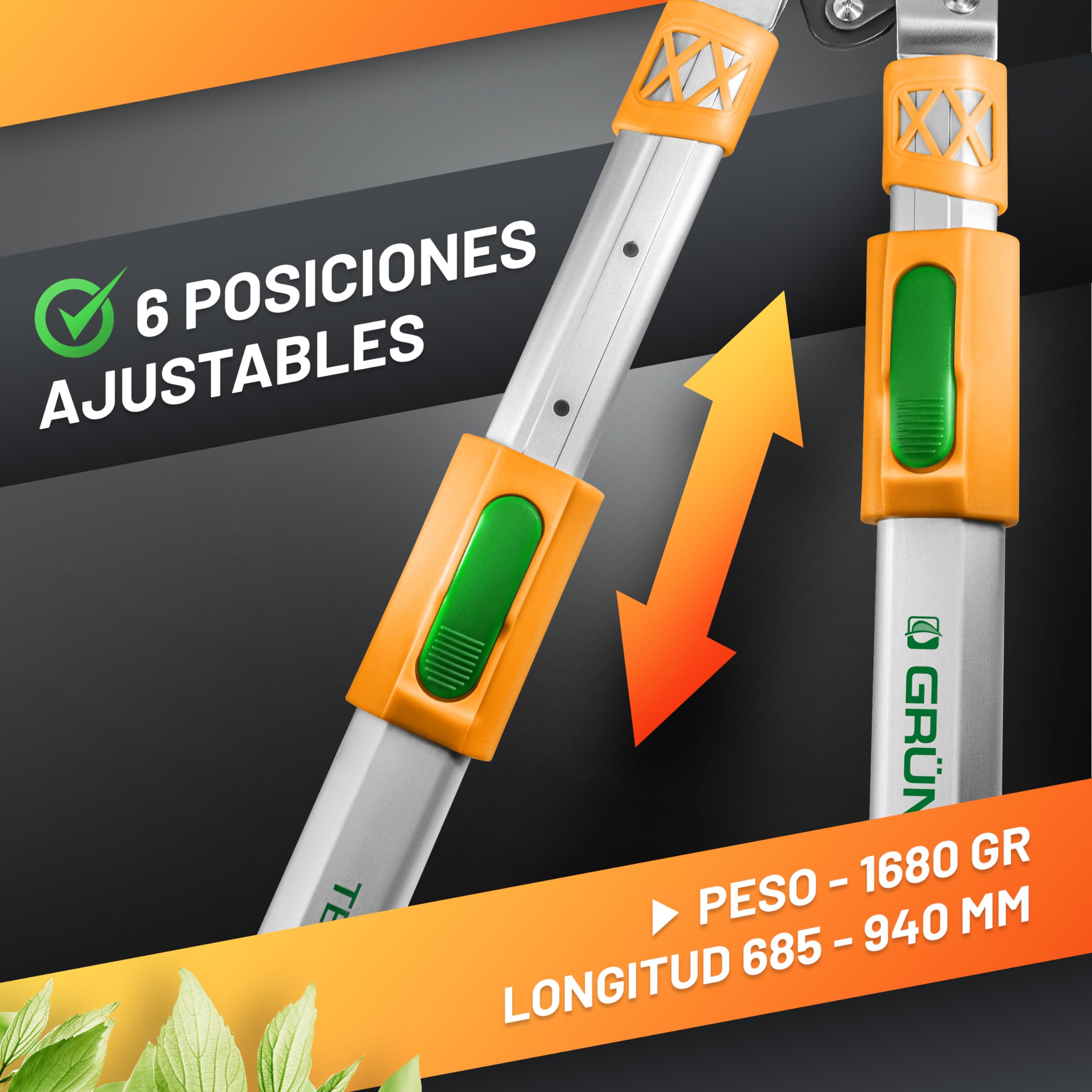 GRÜNTEK Tijeras de poda telescópicas XT 685-940 mm sistema de corte Bypass. Hoja 82mm de acero revestido templado y Teflon. Magos con 6 pos. ajustables.