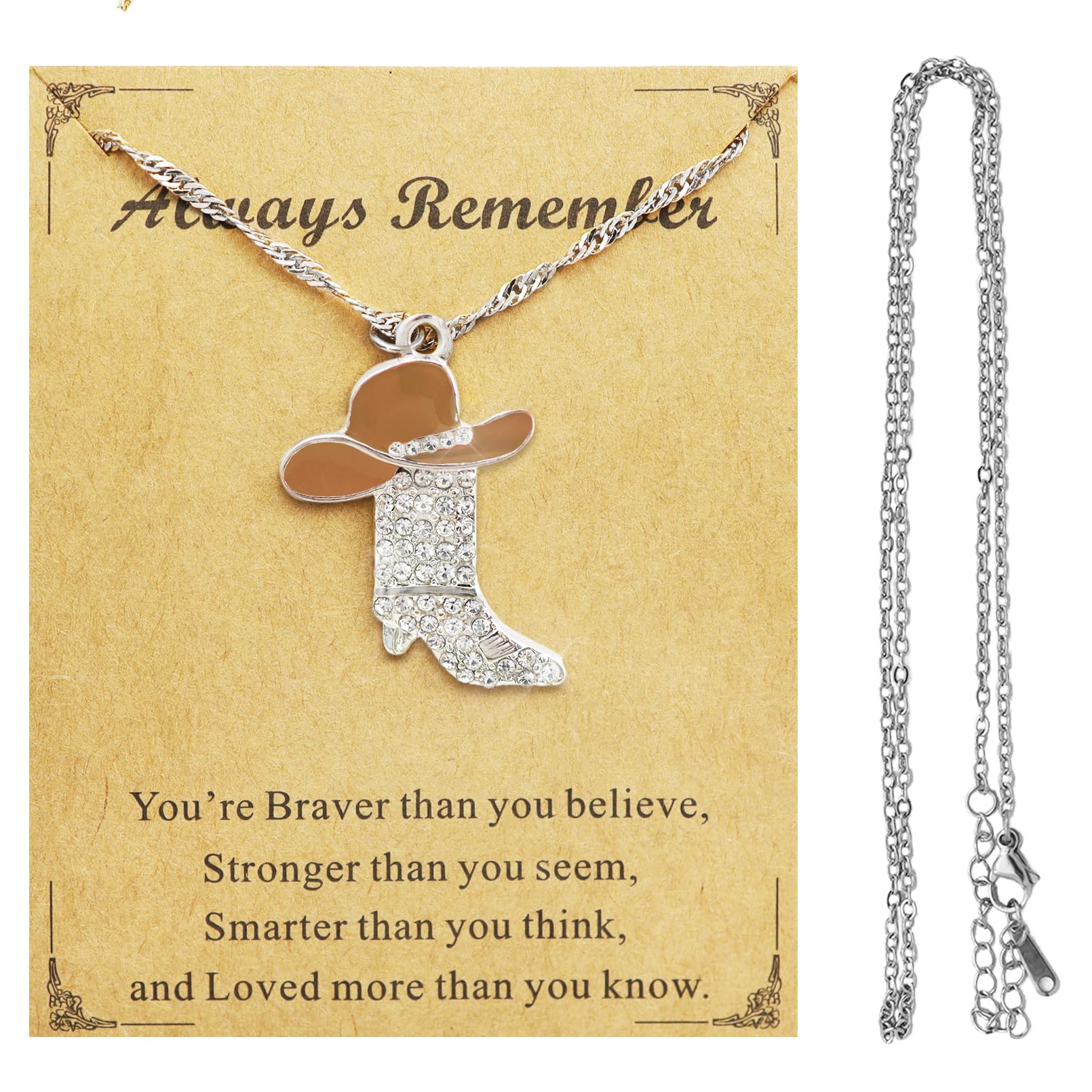 RechicGu Sparkly Rhinestone Western Boots Pendant Cowgirl Cowboy Necklace with Extra Stainless Steel Chain, Enamel Hat Bohemian Rodeo Boot Charm