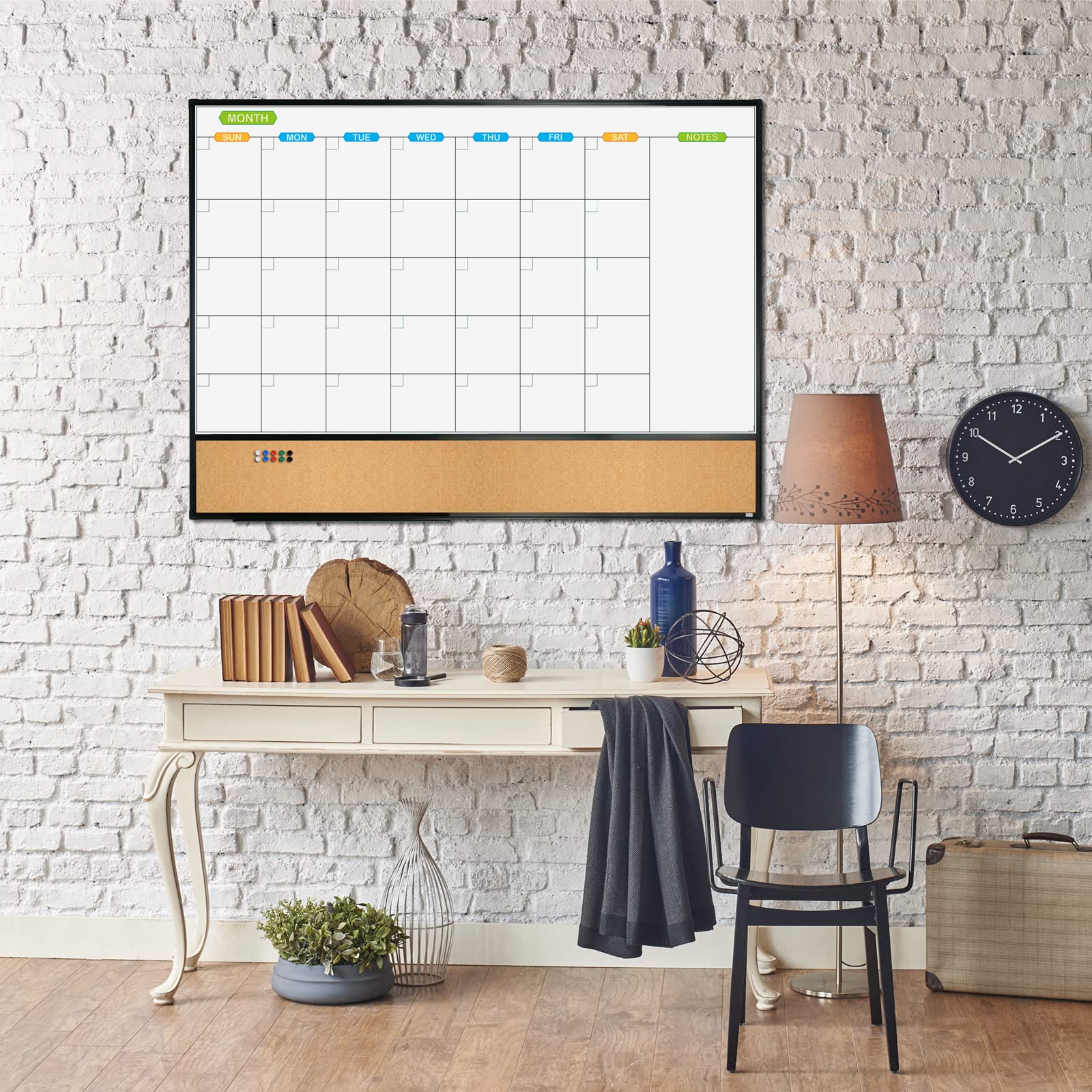 JILoffice Kalendarz magnetyczny, tablica suchościeralna i tablica korkowa, kombinacja 112 x 91 cm, czarna aluminiowa rama, tablica ścienna do biura, domu i szkoły, z 10 pinezkami