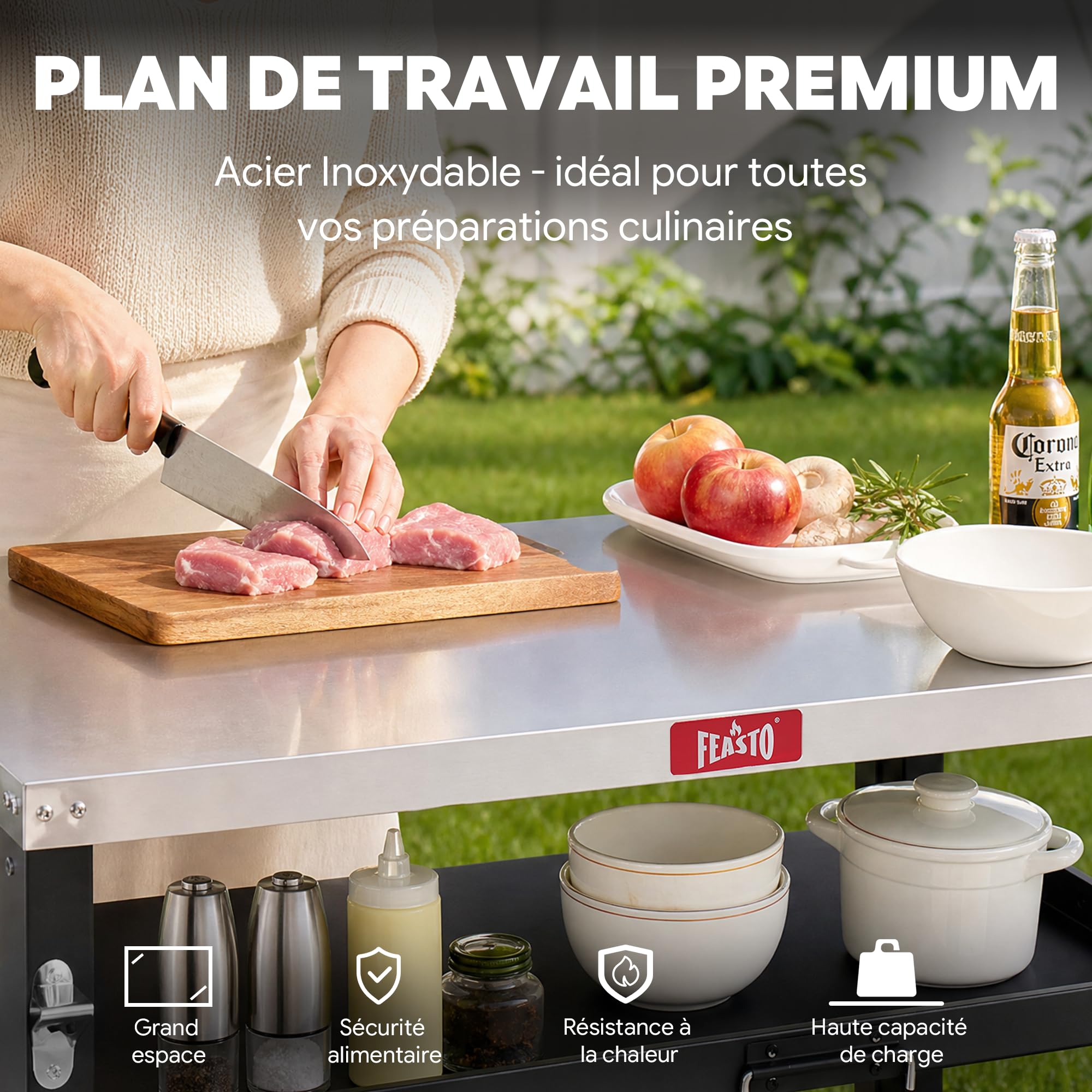 Feasto 3-Étagère Chariot de Barbecue, Desserte pour Plancha en Acier INOX, 4 Crochets et Porte-Serviettes en Papier, Idéal pour Jardin et Terrasse, 95 x 64 x 84 cm