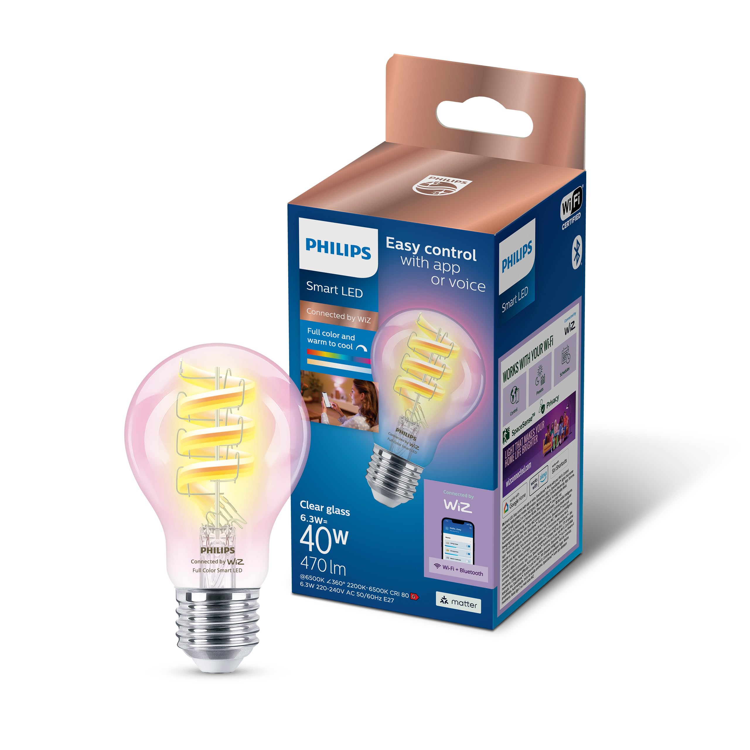Philips Wiz Led Clear Filament Colour Smart Light Bulb A60 E27 6.3W