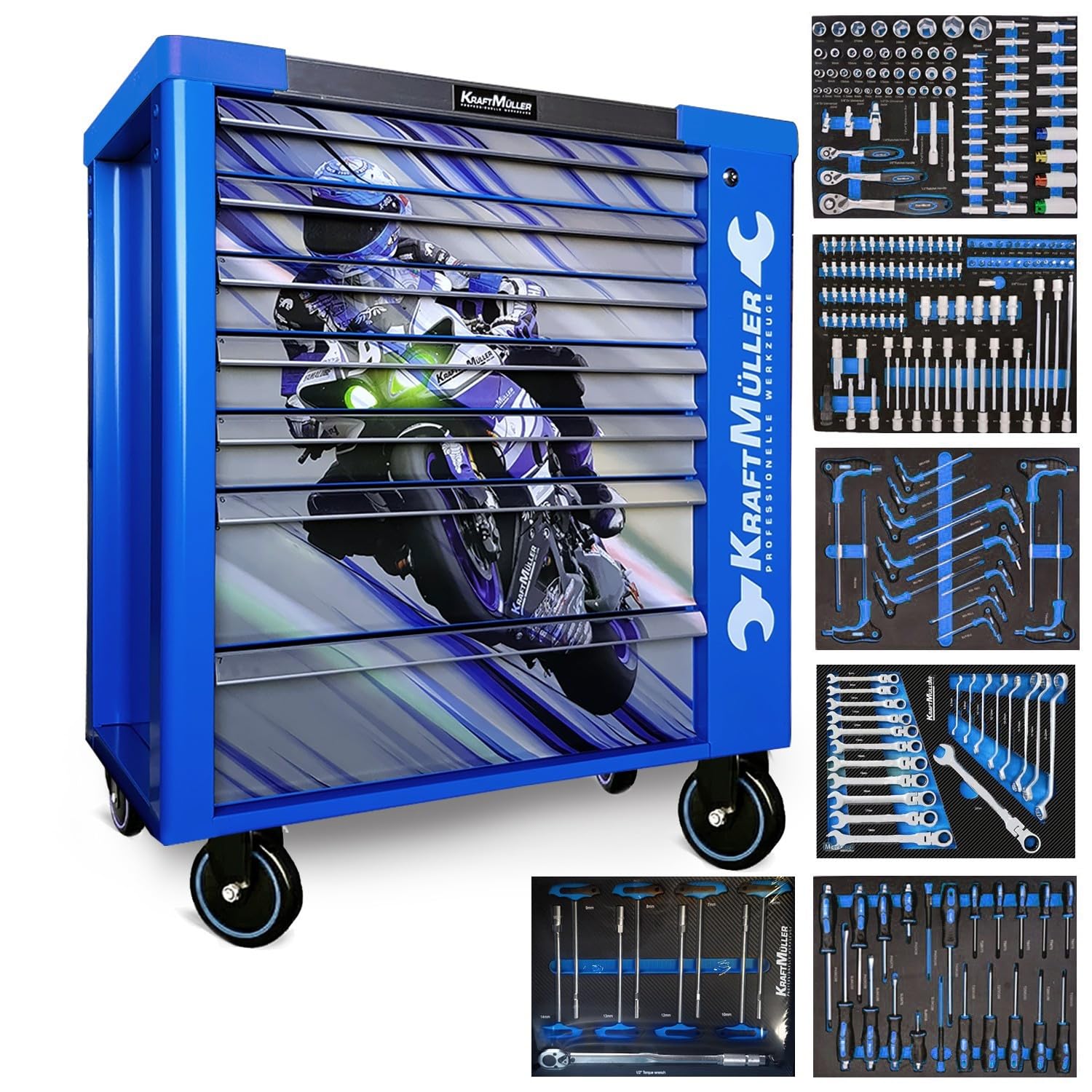 Servante d'atelier Kraft Muller KM-7/6 Racing-Blue Flex Moto GP, 249 Outils Inclus - 7 tiroirs, 6 tiroirs Pleins, 1 Placard