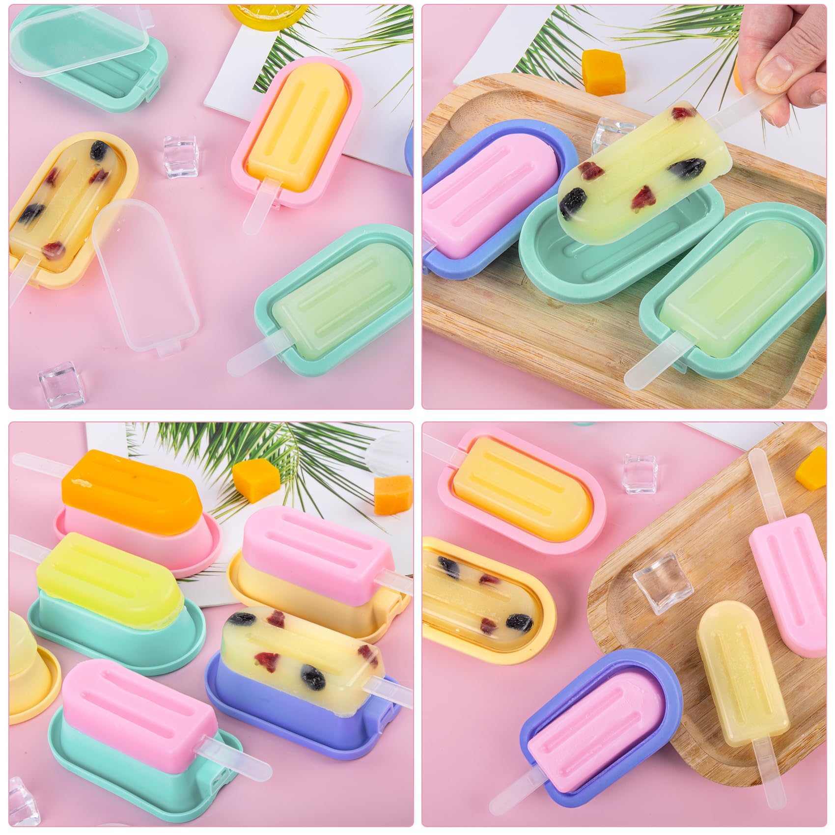 12 Pezzi Stampi per Ghiaccioli in Silicone,Riutilizzabile Ghiaccioli Stampo Rosa Verde Blu Giallo,Stampini per Gelato con Coperchi Senza BPA,Formine per Ghiaccioli