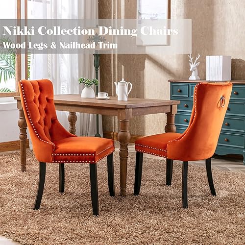 Miniatura 51 de Juego de 4 sillas de comedor de terciopelo beige, sillas de comedor tapizadas con adorno de tirador de anillo trasero y patas de madera maciza,