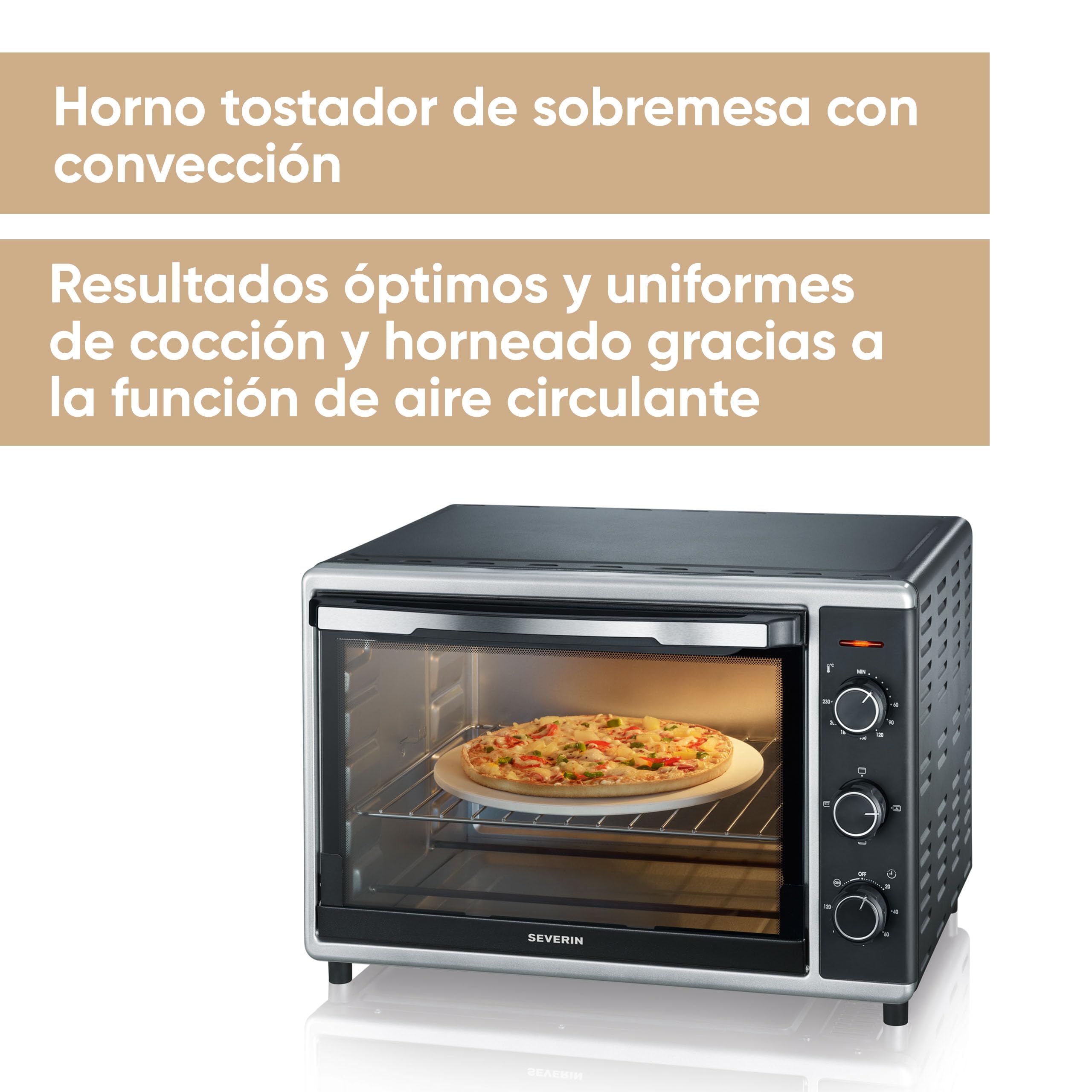 SEVERIN Horno tostador con función de convección, mini horno tostador con grill y bandeja, horno pequeño con piedra para pizza y asador giratorio, 1800 W, 42 L, negro, TO 2058