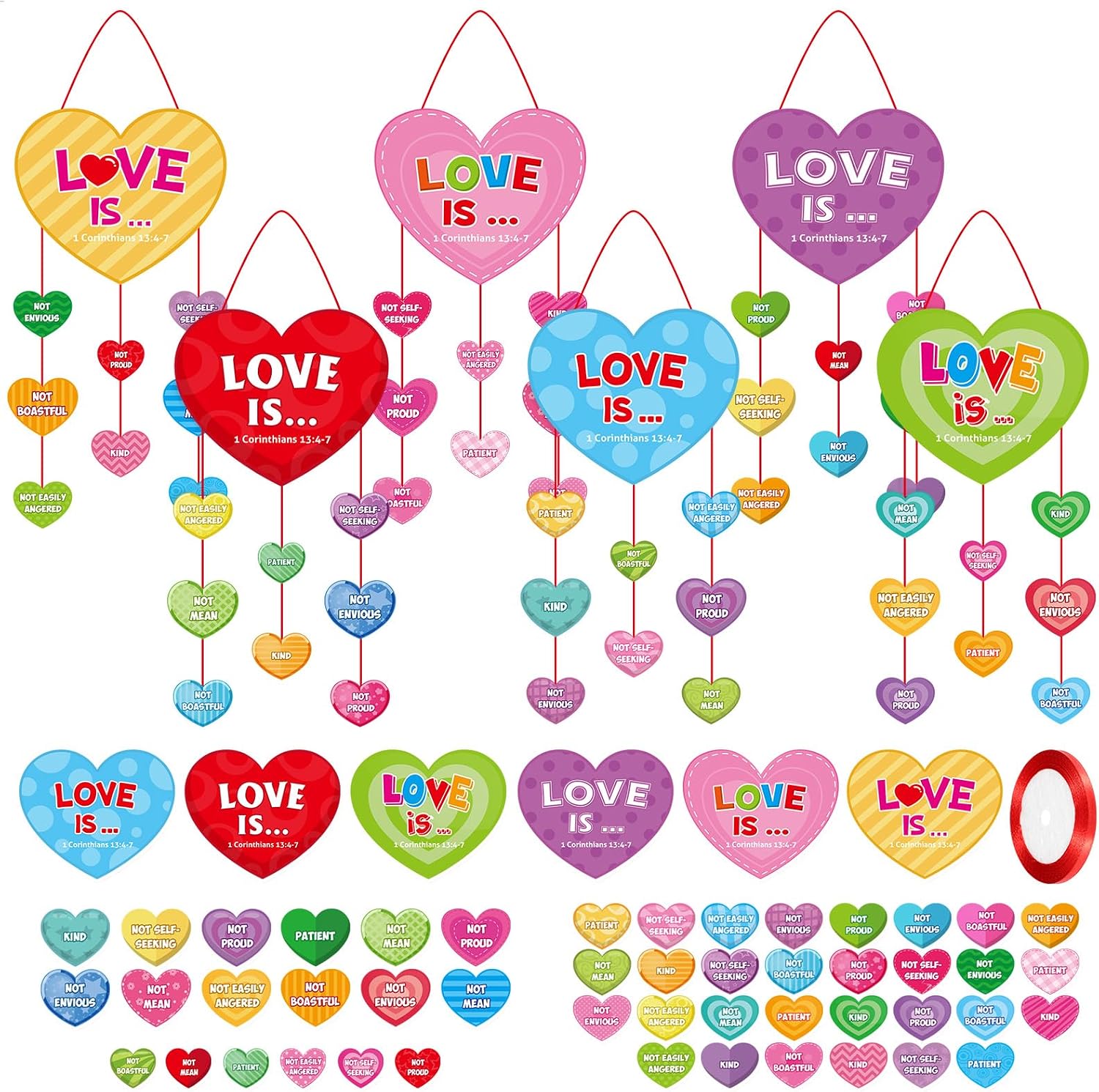 Pasimy 24 Sets Religious Valentine's Day Crafts Kits Valentine Heart Hanging Ornaments Colorful Religious DIY Gift Crafts Make Your Own Heart Decoration for Home Classroom DIY Project Activities
