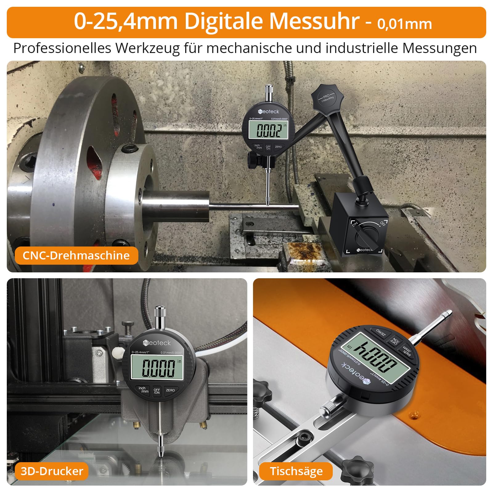 Neoteck Digitale Messuhr 0.01/0.0005'' Digital Messuhr Messtaster 0-25.4mm/1'' Digital Dial indicator Messgerät, für Labor, 3D Drucker, Werkstatt (Schwarz)