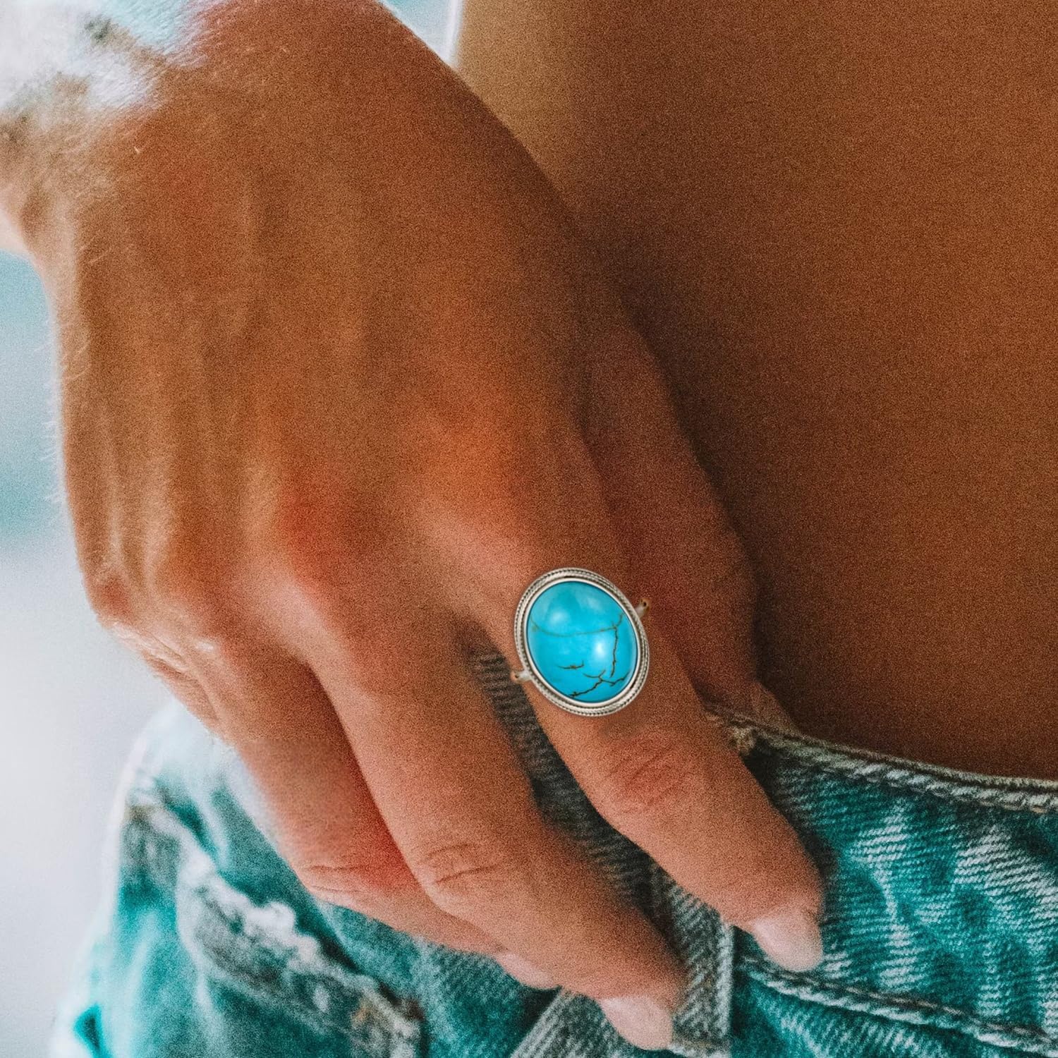 Genuine Turquoise Ring, Sterling Silver Boho Vintage Nature Native Round December Birthstone Rings for Women, Sizes 4 to 12 - Image 2