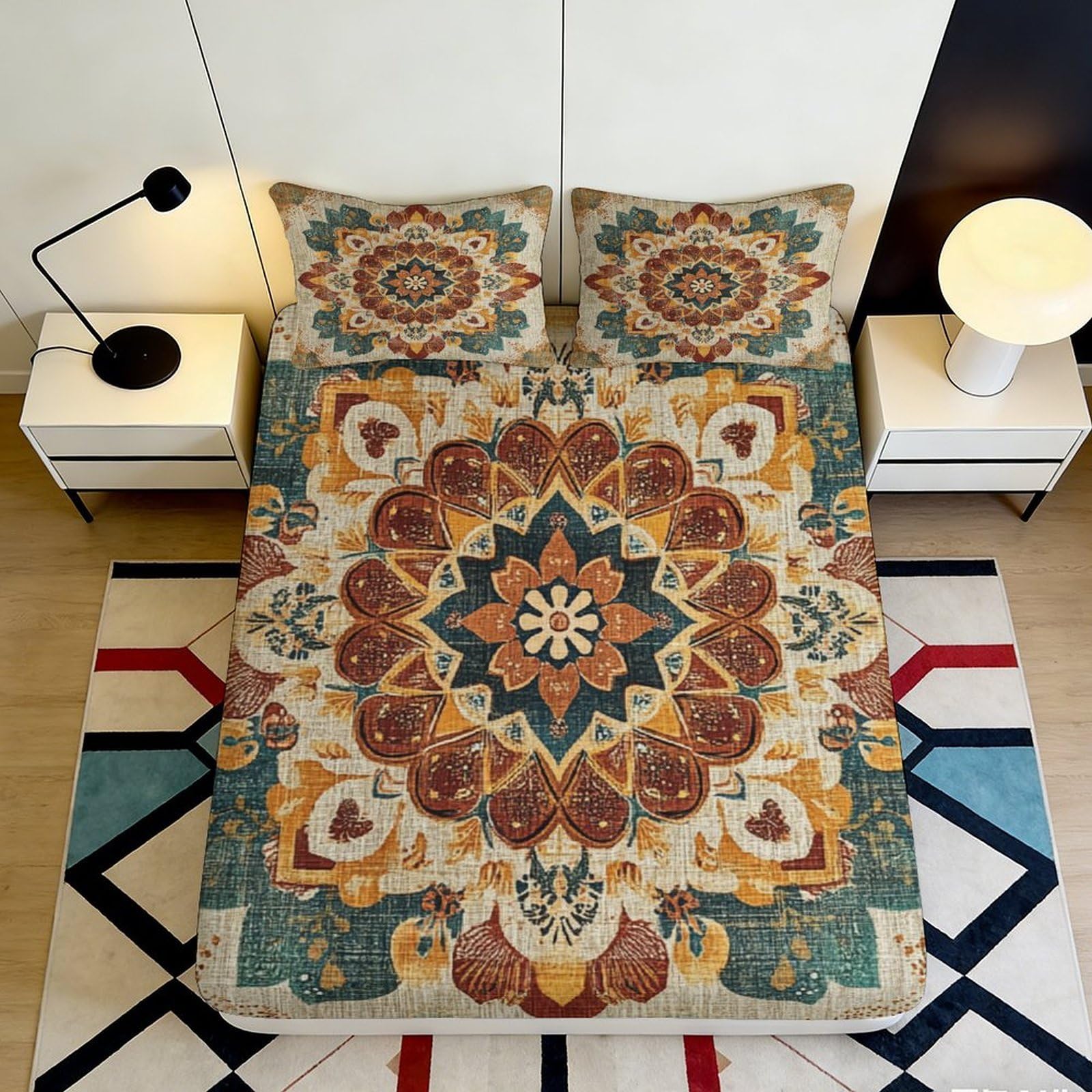 3D Printed Bohemian Mandala Fitted Sheet Microfiber Soft Breathable Vintage Floral Mattress Cover for Bedroom Dorm Decor 90x200x25cm
