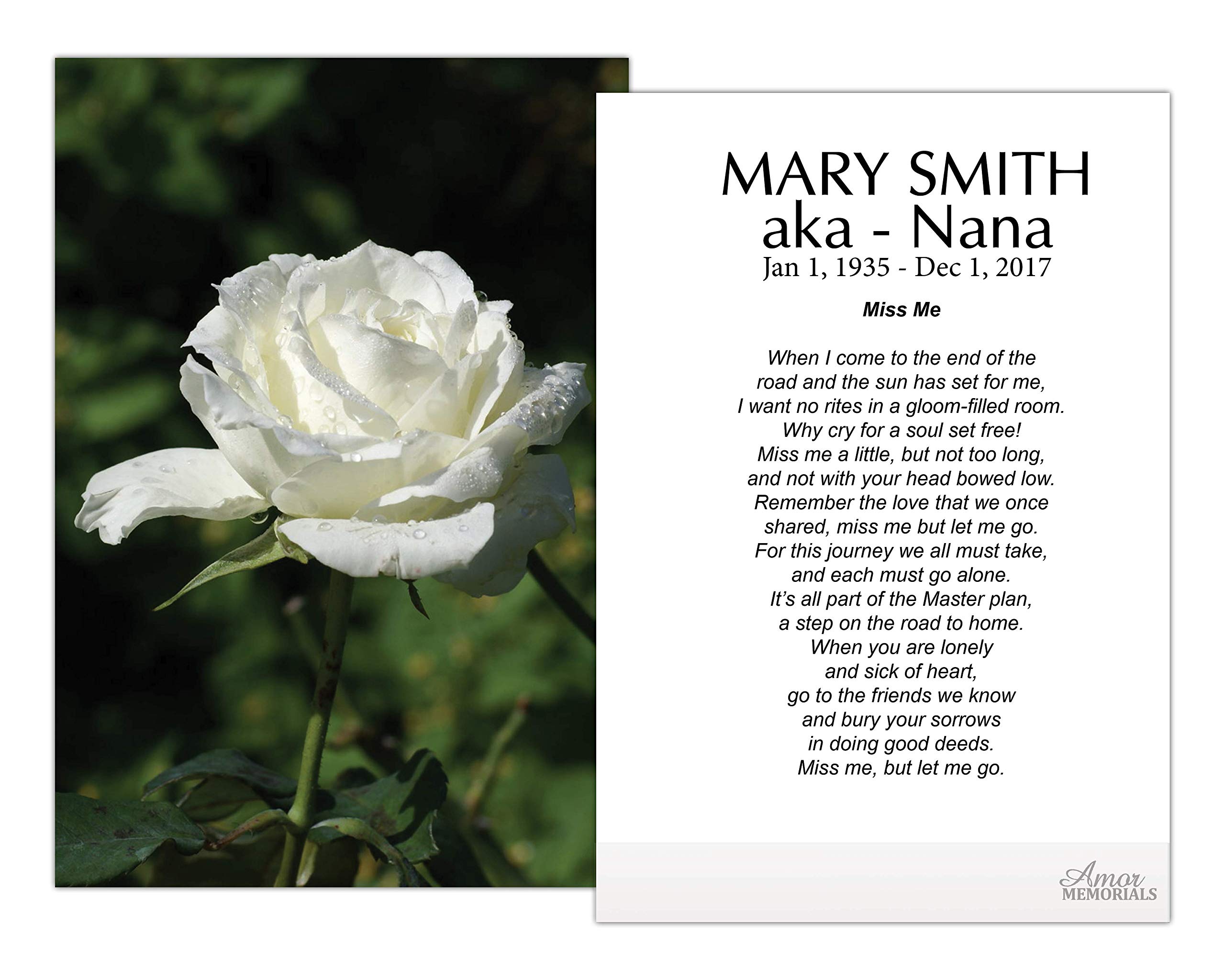 Amor Memorials Stationery Funeral Memorial Prayer Cards - FPC1015EN White Rose