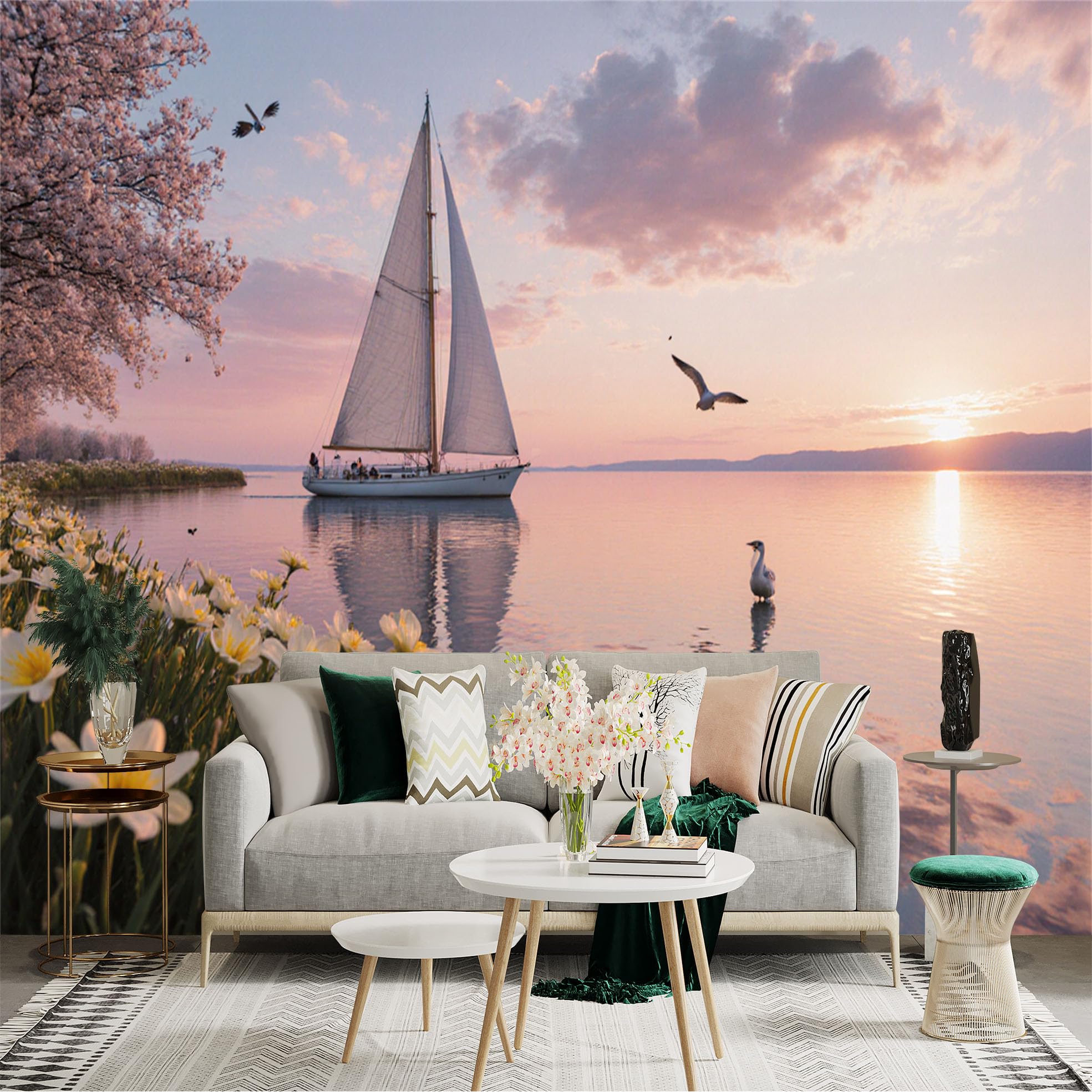 Custom Size Wall Sticker Mural， Sailboat on Lake at Sunset， Cherry Blossom Trees， Flying Seagulls， Scenic Landscape， for wall Decoration， peelandstick wall Decals.