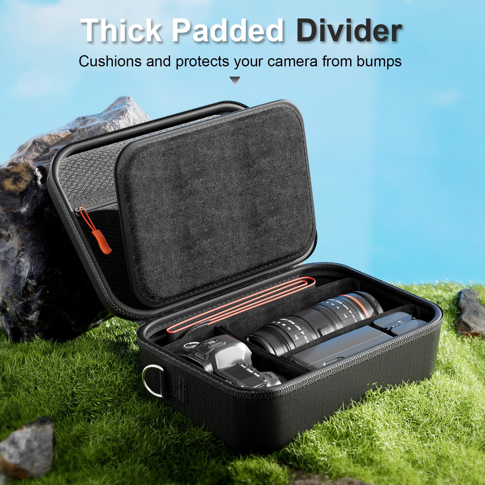 ProCase Hard Shell Camera Case for Canon Rebel T7/EOS R100/R50/DSLR/SLR/Nikon/Sony/Mirrorless Cameras, Soft Padded Digital Camera Travel Bag with 1 Shoulder Strap and 3 Adjustable Dividers -Black