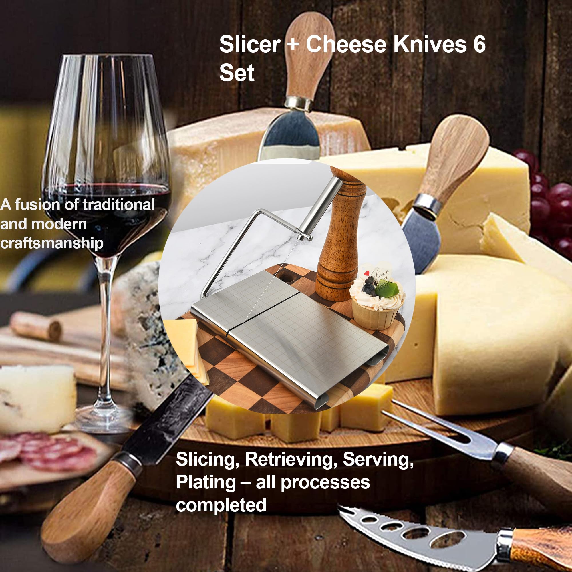 Genérico Tabla de Quesos Premium con Cortador de Queso y 5 Hilos de Repuesto,Set de Cuchillos para Queso de Acacia y Acero Inoxidable,Tabla Charcutería con Caja de Regalo,21.1×13×2.5 cm