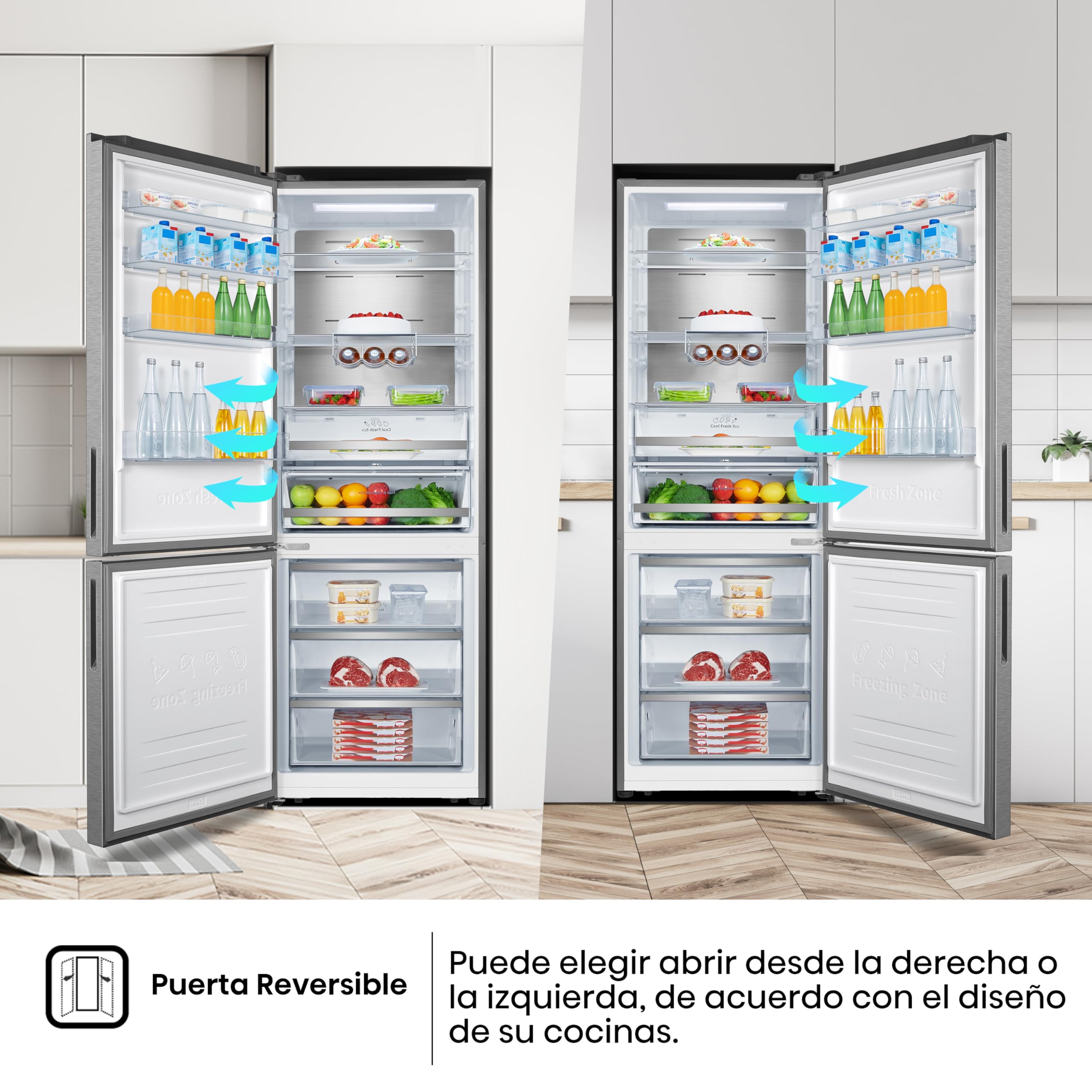 Hisense RB645N4BID Frigorífico Combi Inverter, Ancho especial 70Cm, Botellero, No Frost, 2 Metros,495Litros, Sistema de flujo de aire, Acabado Inox