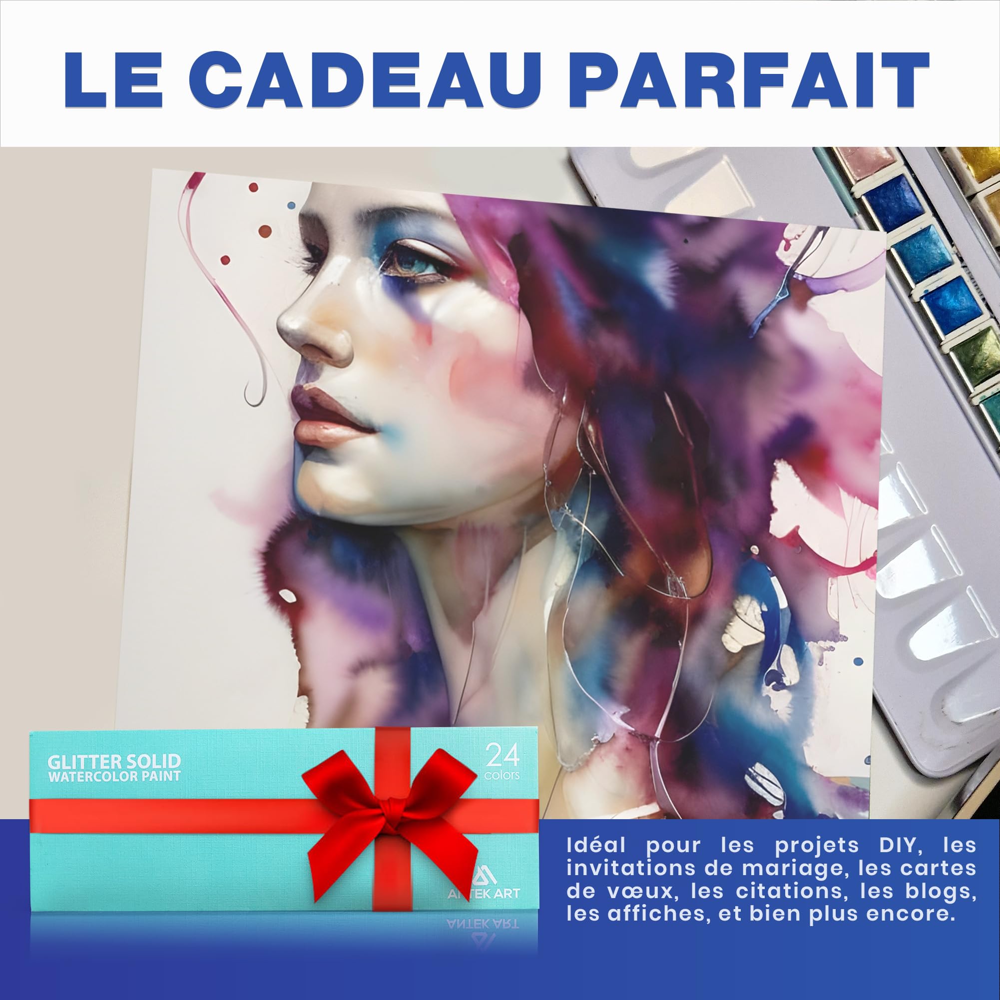 Set de Peinture Aquarelle Métallique, 24 Couleurs dans Mallette Portable avec Palette