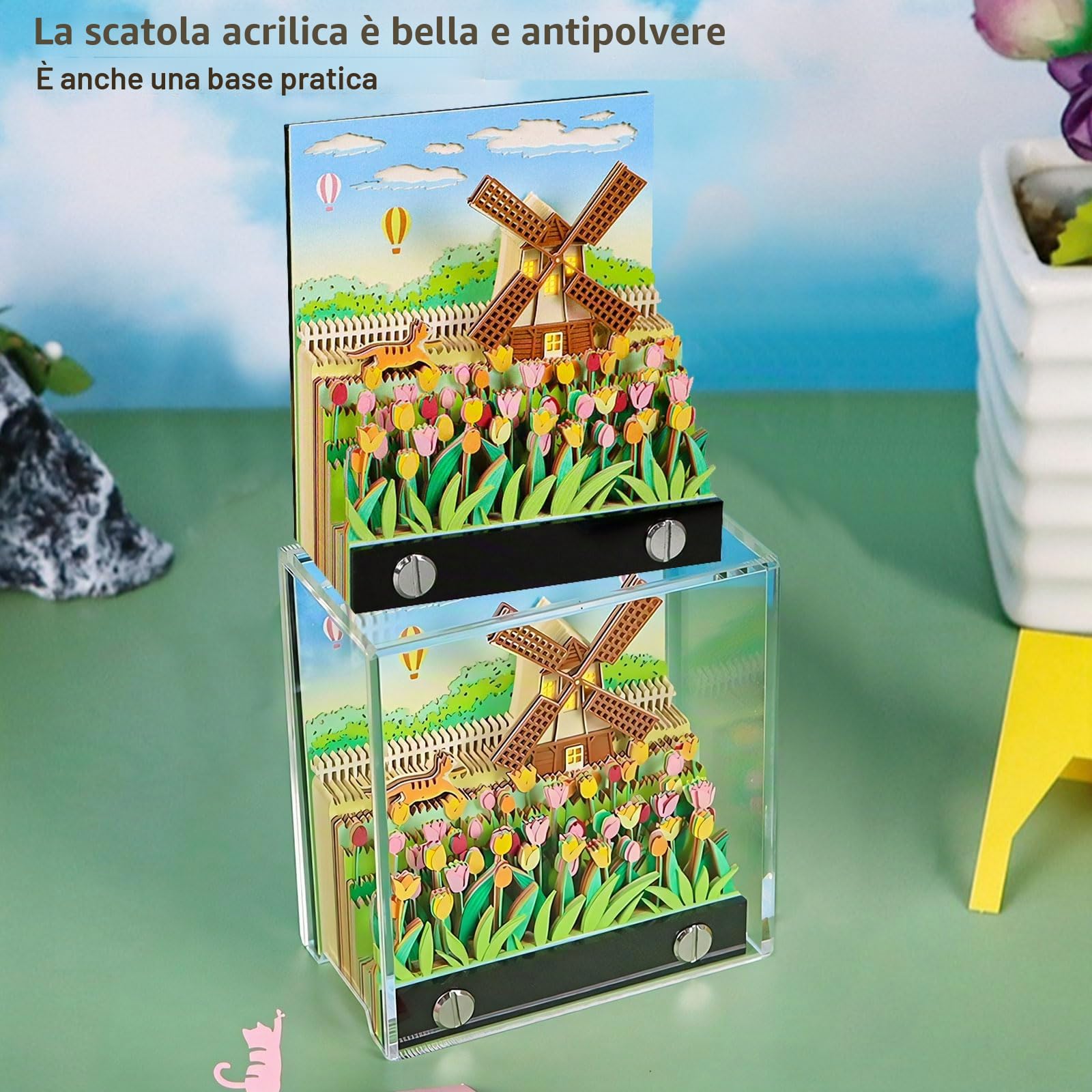 Calendario 3D 2026, Calendario da tavolo Time Piece 2026 con note adesive fai-da-te per ufficio, casa, regali, ornamenti a mulino a vento (con calendario e luce)
