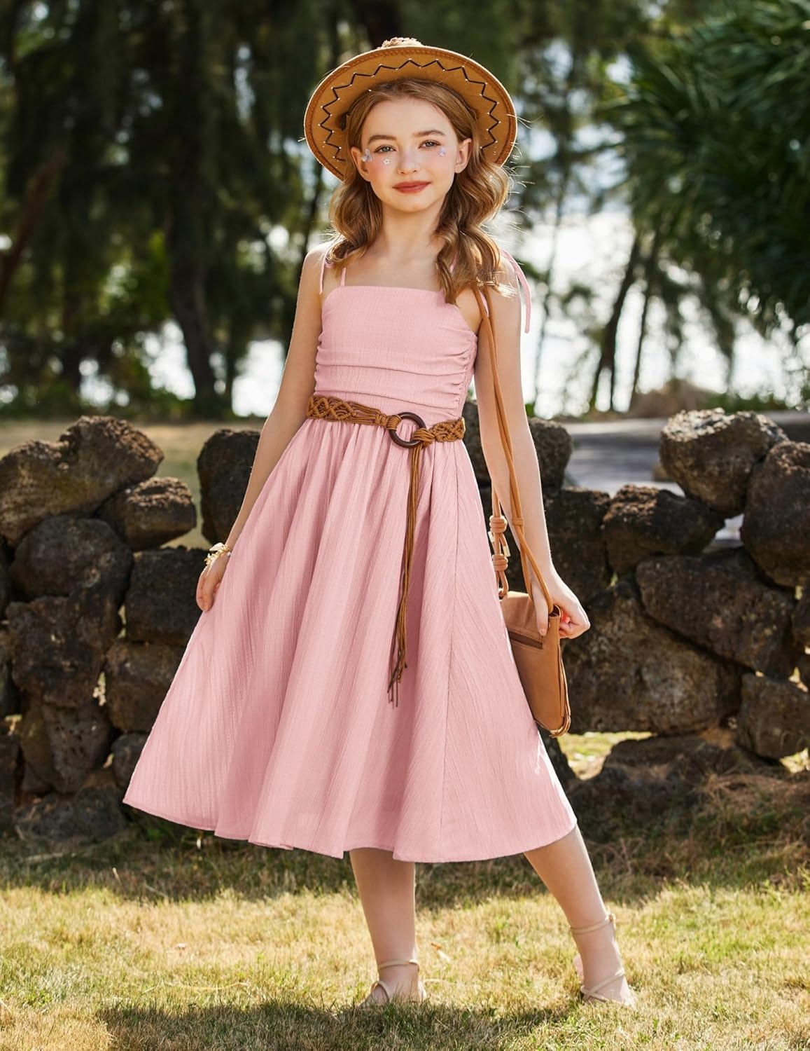 Arshiner Girls Summer Dress Maxi Spaghetti Strap Ruched Flowy Beach Boho Casual Teen Girl Sundress 6-14 Years