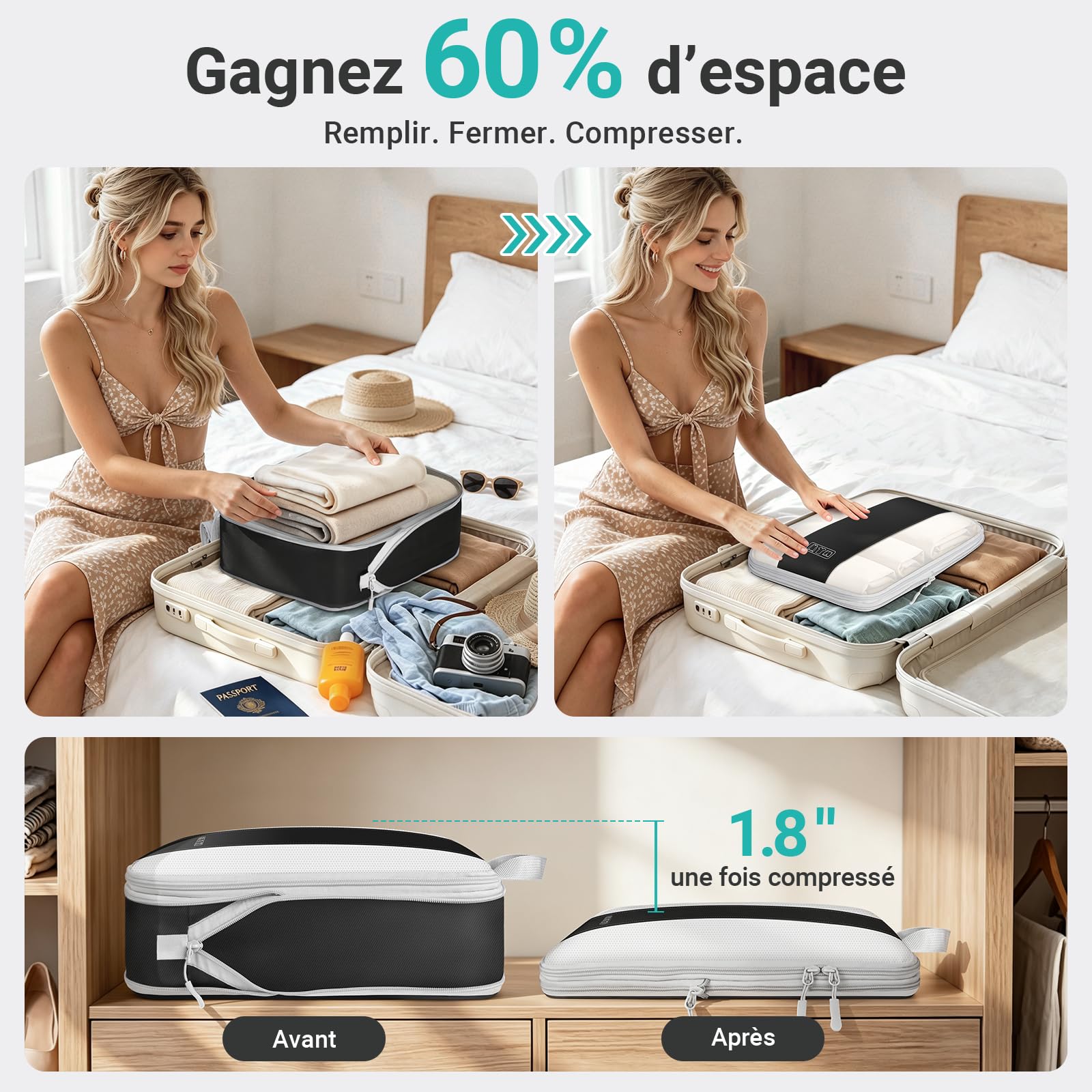 Organisateur Valise 8 Pièces – Sac de Compression Voyage en Polyester Premium, Cubes de Rangement Compressibles avec Sac de Toilette Suspendu, Sac à Chaussures et Sac à Linge, Accessoires Voyage