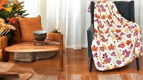 Manta de otoño coloridas hojas de nogal otoñales, rojo burdeos, naranja quemado, amarillo dorado, forro polar de terciopelo beige suave para sofá,