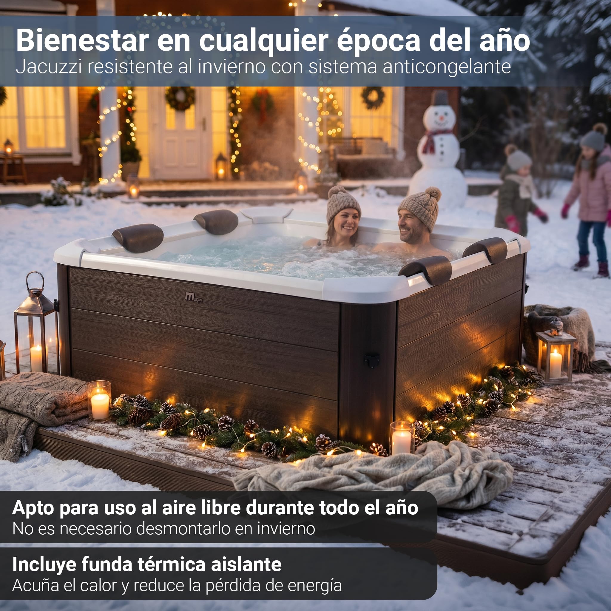 Miweba Whirlpool MSpa Tribeca con Pared Exterior Rígida | Control por App | SPA para 6 Personas | 160x160x65 cm | 120 Chorros de Masaje | Uso Todo el Año Resistente al Invierno