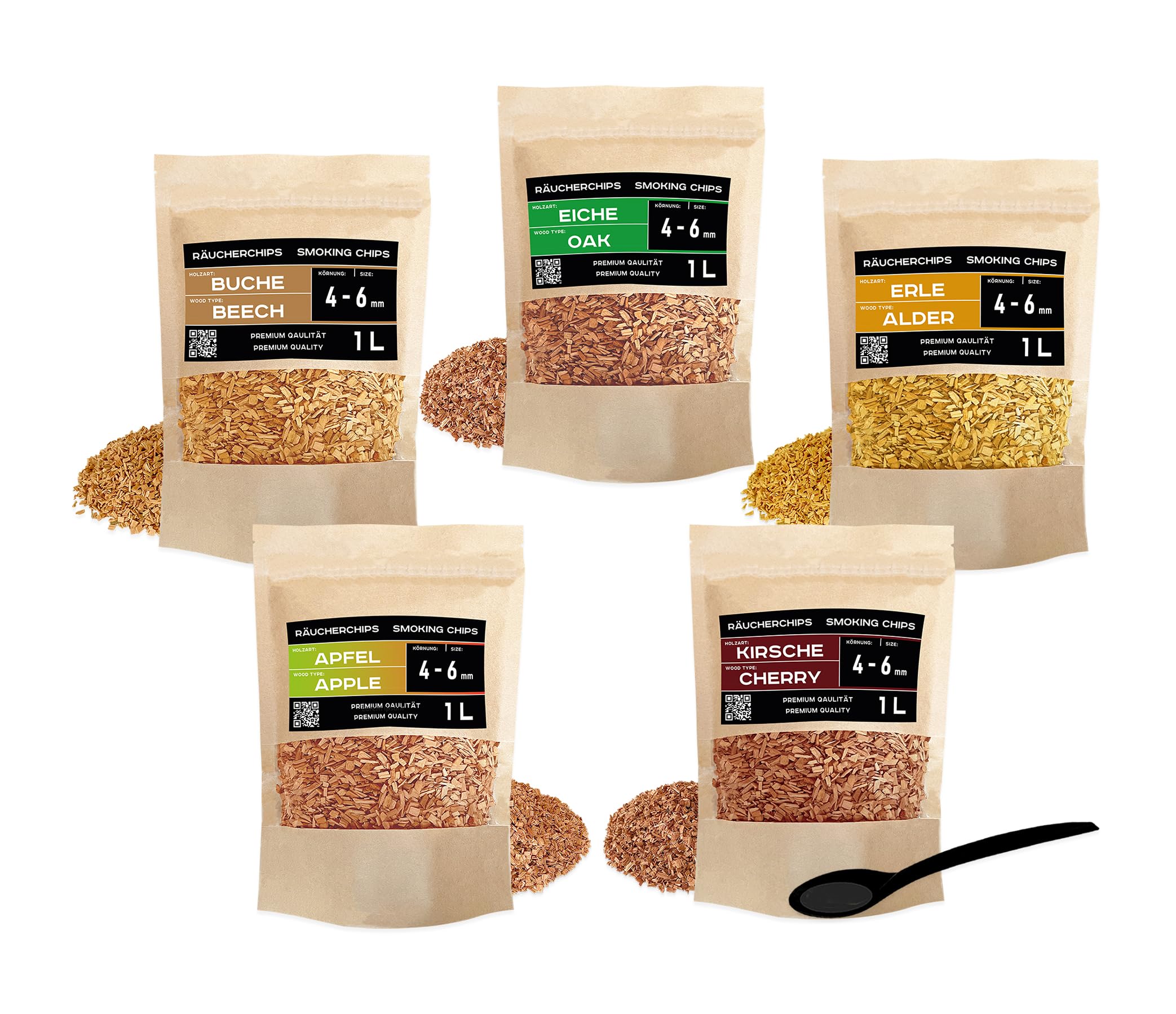 PINI Woodchips Lot de 5 copeaux de fumage de 1 litre Grain optimal 4-6 mm Copeaux de fumage variés Hêtre, Chêne, Cerise, Pomme, Aulne