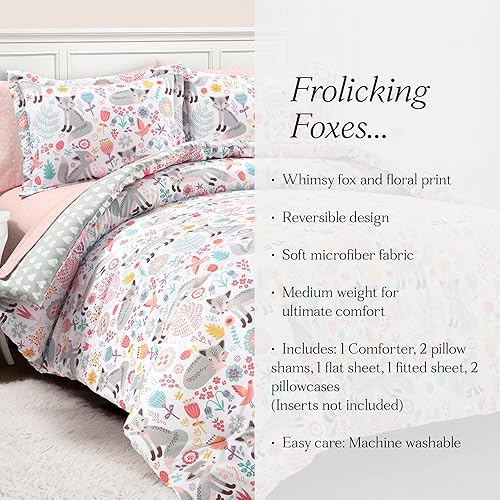Miniatura 9 de Lush Decor Pixie Fox - Juego de edredón reversible, juego de 5 piezas, matrimonial, rosa y gris, ropa de cama divertida para niños pequeños,